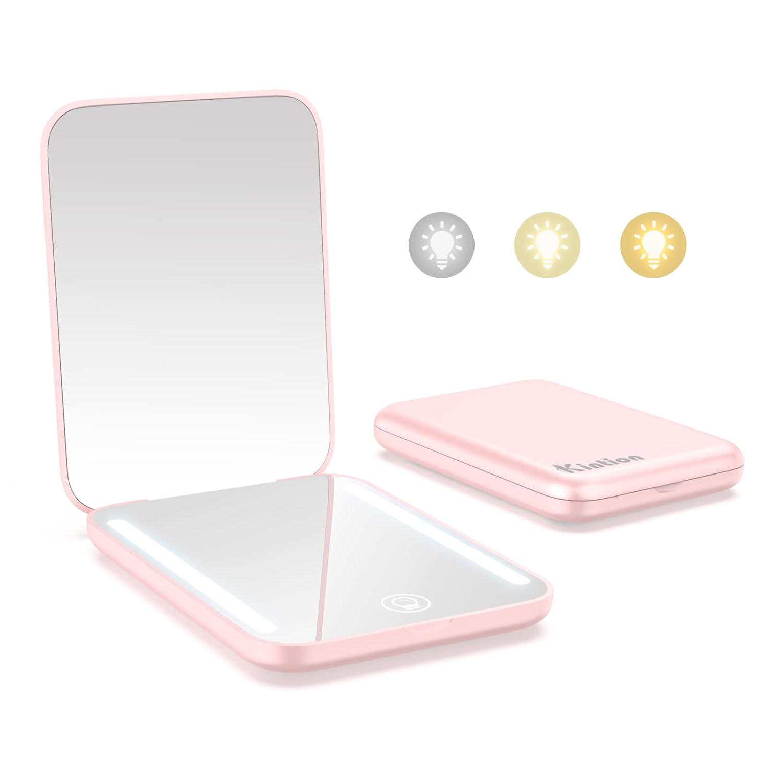 Kintion Rechargeable Pocket Mirror, Double Sided 1X/3X Magnification Compact Vanity Mirror, 3 Color Lights, Dimmable, Small Portable Wallet Mirror, Lighted Travel Mirror for Women Gifts, Pink