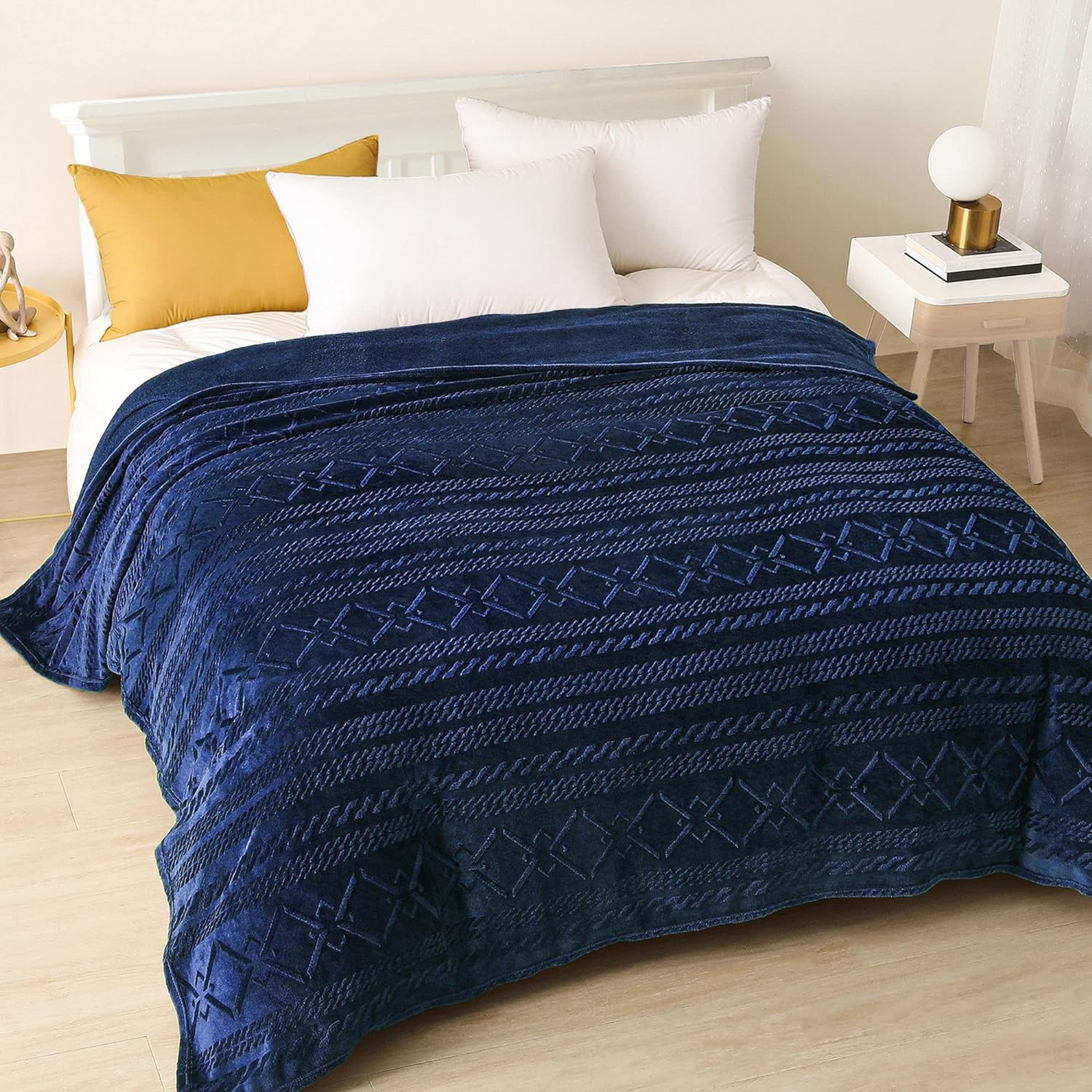 Exclusivo Mezcla Soft Queen Size Blanket, 90x90 Inches Warm and Cozy Bed Blankets, Decorative Geometry Pattern Plush Blankets for Winter, Navy Blue Blanket