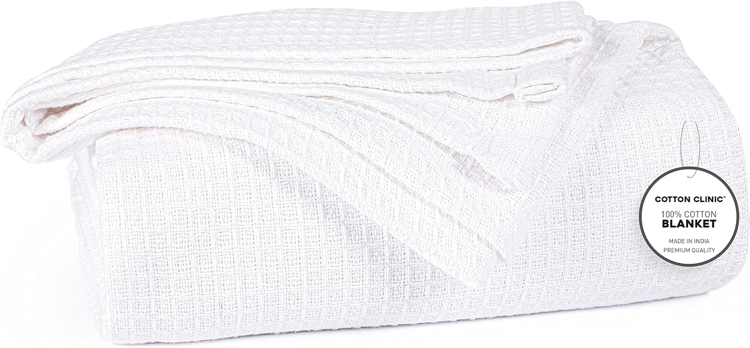 Cotton Clinic Waffle Bed Blanket 100% Cotton - All Season Blanket - Soft Breathable Lightweight - Perfect Blanket Layer for Couch Bed Sofa - Cozy Warm Queen Size Bed Blanket White