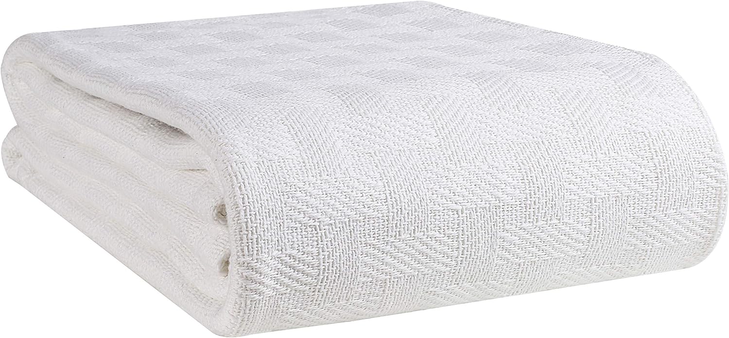 GLAMBURG 100% Cotton Bed Blanket, Breathable Bed Blanket Queen Size, Cotton Thermal Blankets Full - Queen Size, Perfect for Layering Any Bed for All Season - White