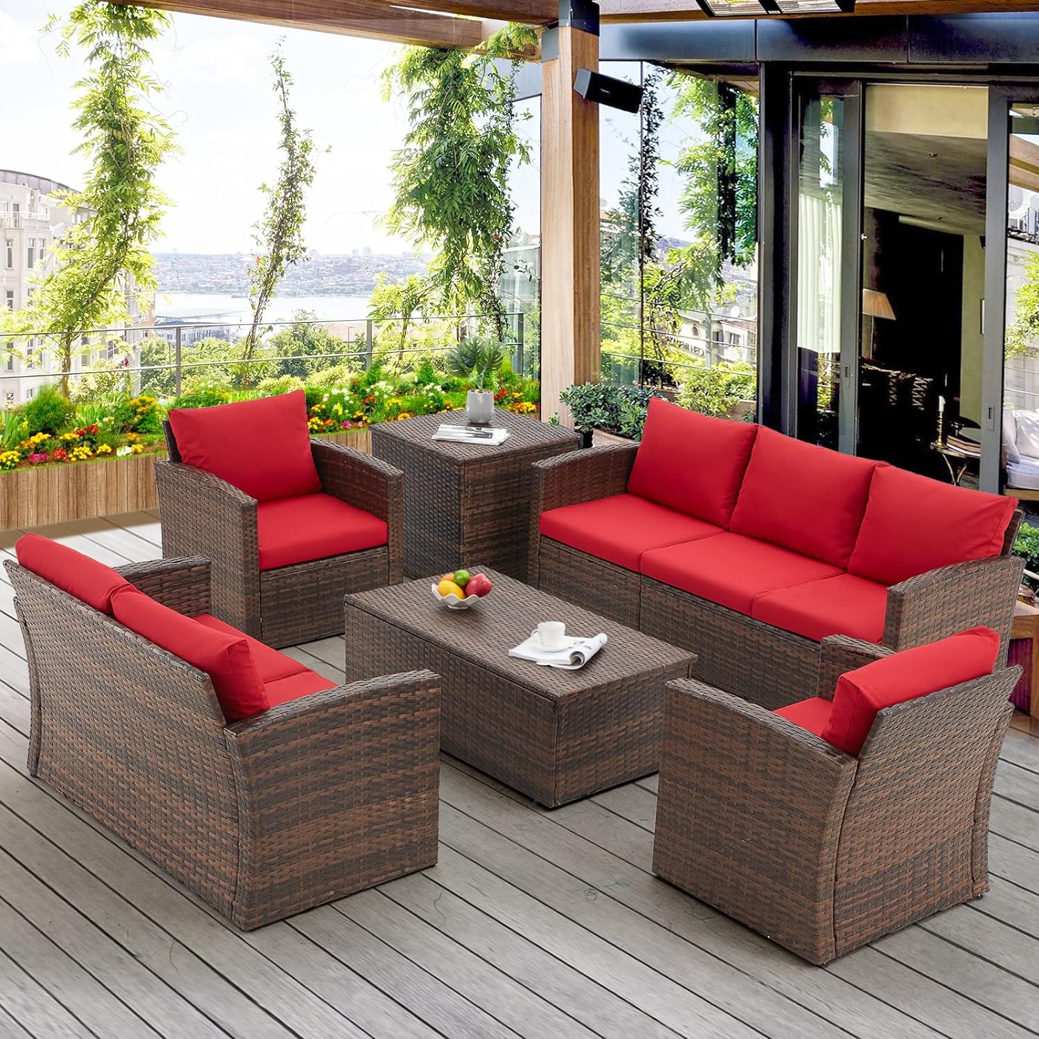 AECOJOY 7 Pieces Patio Furniture Set with Two Storage Boxes, Outdoor Wicker Sectional Sofa, All-Weather Rattan Conversation Set for Garden, Backyard, Red Cushion&Brown Rattan