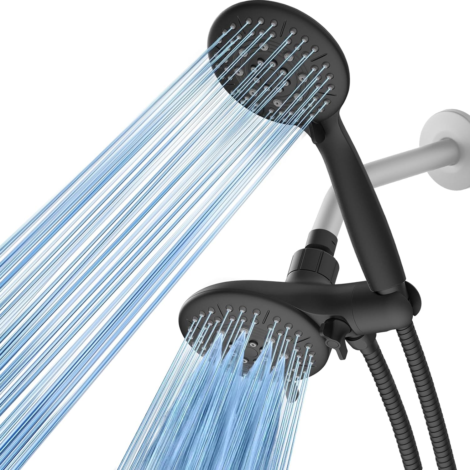 We needed a replacement shower head that had a hose so we could wash our puppies in our new house. I found this and loved how it came with two shower heads, one stationary and the other on the hose, which are the same design and function on both. It was easy to install and looks great in the shower. I love the different settings especially the mist which feels like a spa-like experience. The water pressure feels pretty good. I loved it some much I ever ordered a few more for family members for t