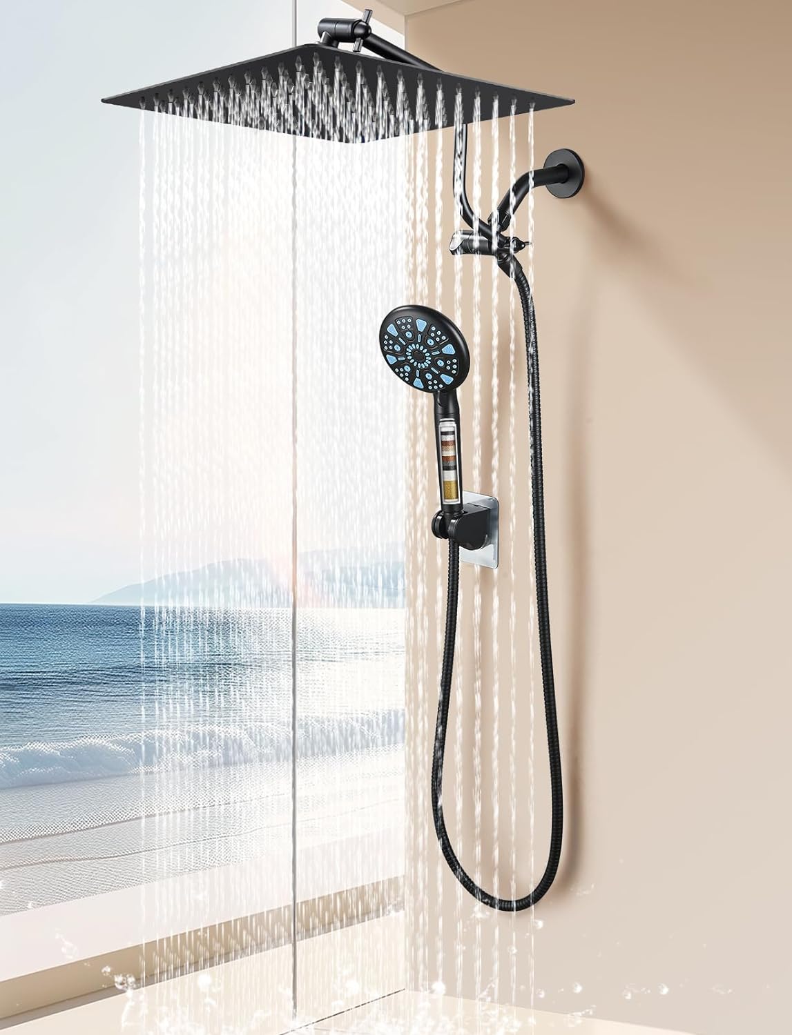 Cobbe 12 Inch All Metal 3-Way Rain Shower Head, High Pressure Shower Head, Dual Shower Heads with Handheld Spray Combo - Upgrade Extension Arm Height Adjustable - 9 Spray Filtered Shower Head, Black