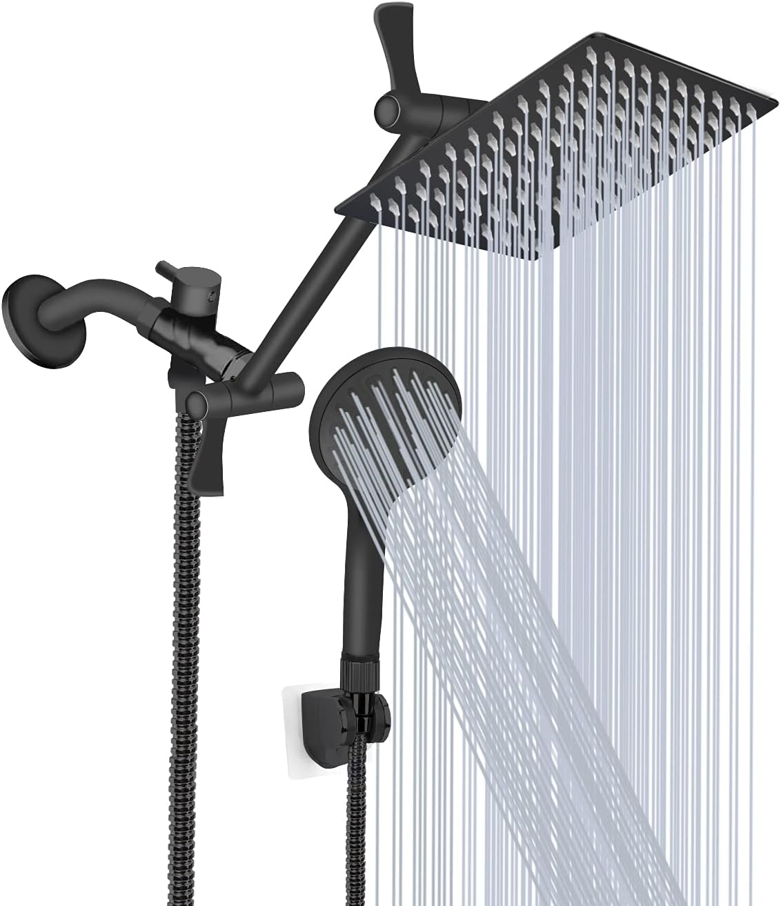 Shower Head, 8 High Pressure Rainfall/Handheld Shower Combo with 11'' Extension Arm, 9 Settings, Anti-leak Shower Head with Holder, Height/Angle Adjustable, Chrome, Matte Black