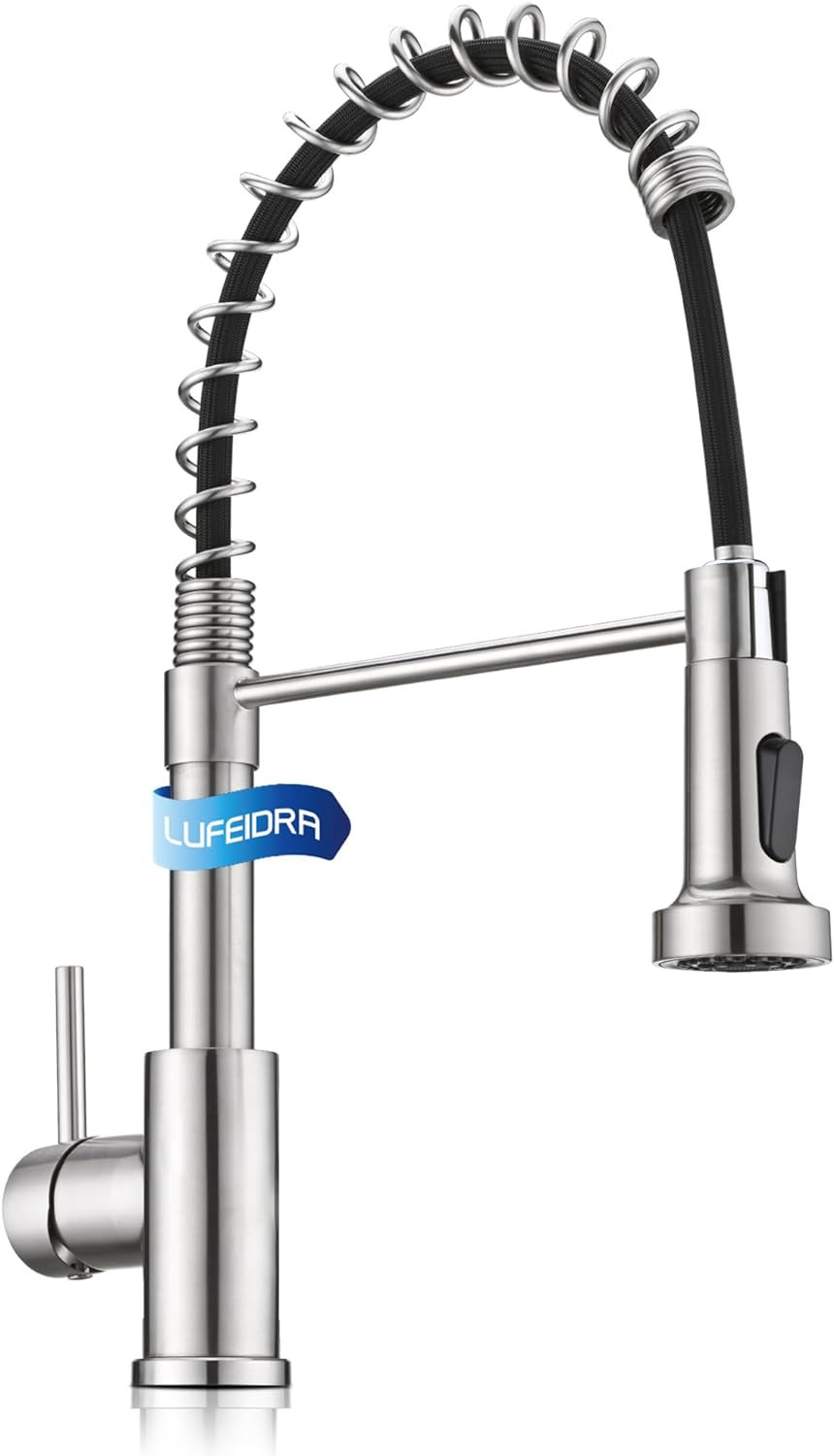 LUFEIDRA Stainless Steel Kitchen Faucet with Sprayer-High Arc Dual Function Brushed Nickel Sink Faucet, Commercial Single Handle One Hole Spring Faucet for RV Farmhouse Camper Laundry Bar Sink
