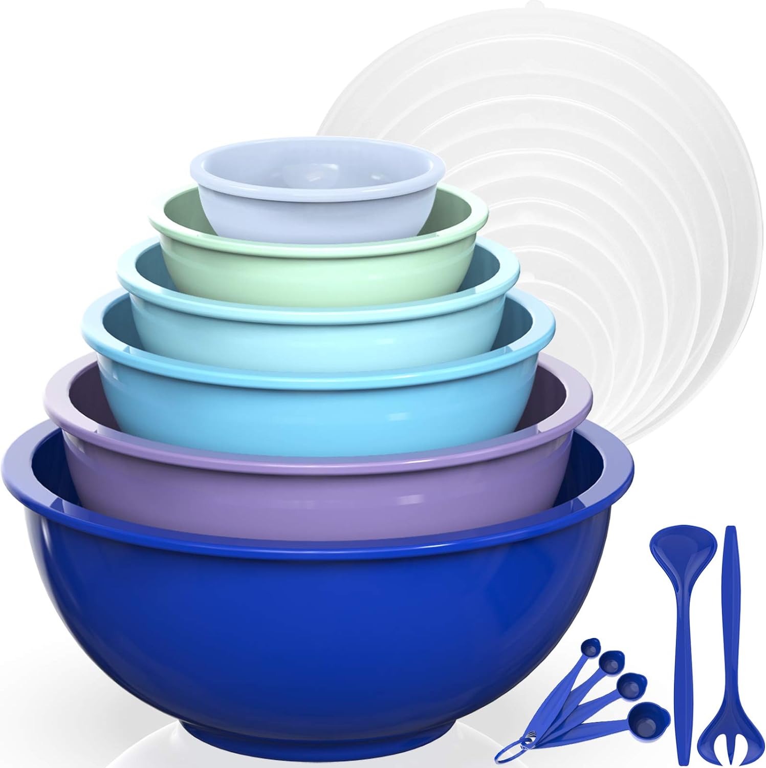 Umite Chef Mixing Bowls with Airtight Lids, 18 Piece Plastic Nesting Serving Bowls with Lids, Includes Salad spoon & Measuring Cups, Microwave Safe Mixing Bowl Set for Mixing, Baking, Serving (Blue)