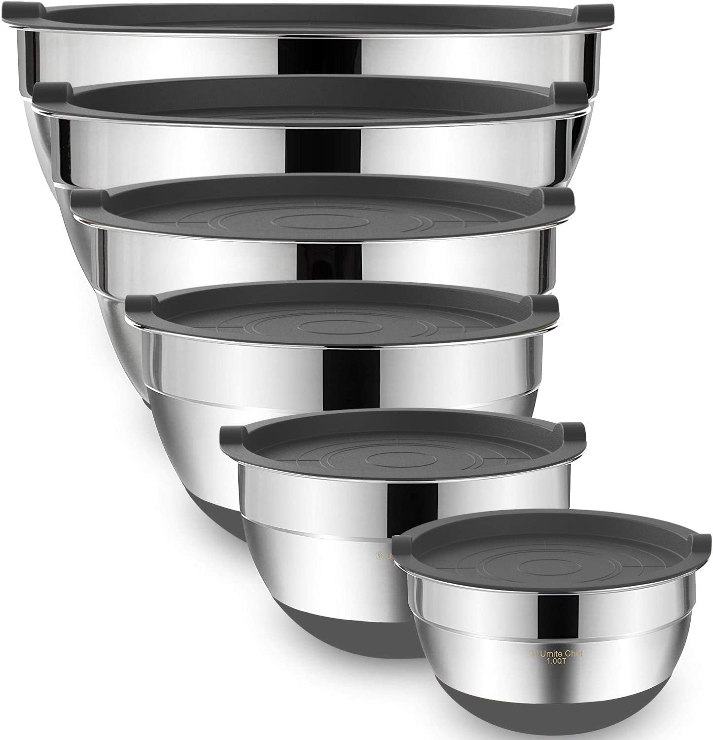 Umite Chef Mixing Bowls with Airtight Lids6 piece Stainless Steel Metal Nesting Storage Bowls, Non-Slip Bottoms Size 7, 3.5, 2.5, 2.0,1.5, 1QT, Great for Mixing & Serving(Grey)