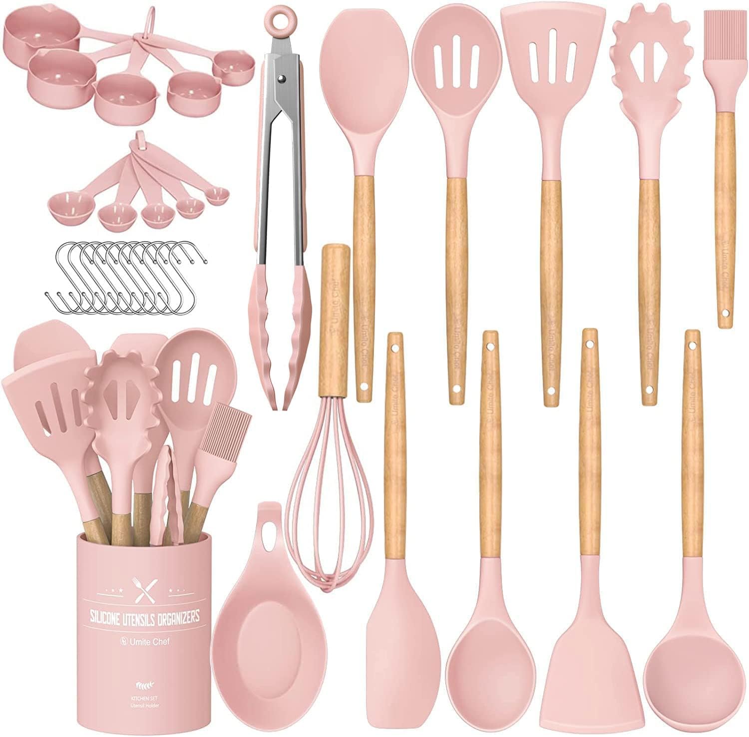 Kitchen Cooking Utensils Set, Umite Chef 33 pcs Non-stick Silicone Cooking Spatula Set with Holder, Wooden Handle Silicone Kitchen Gadgets Utensil Set (Pink)