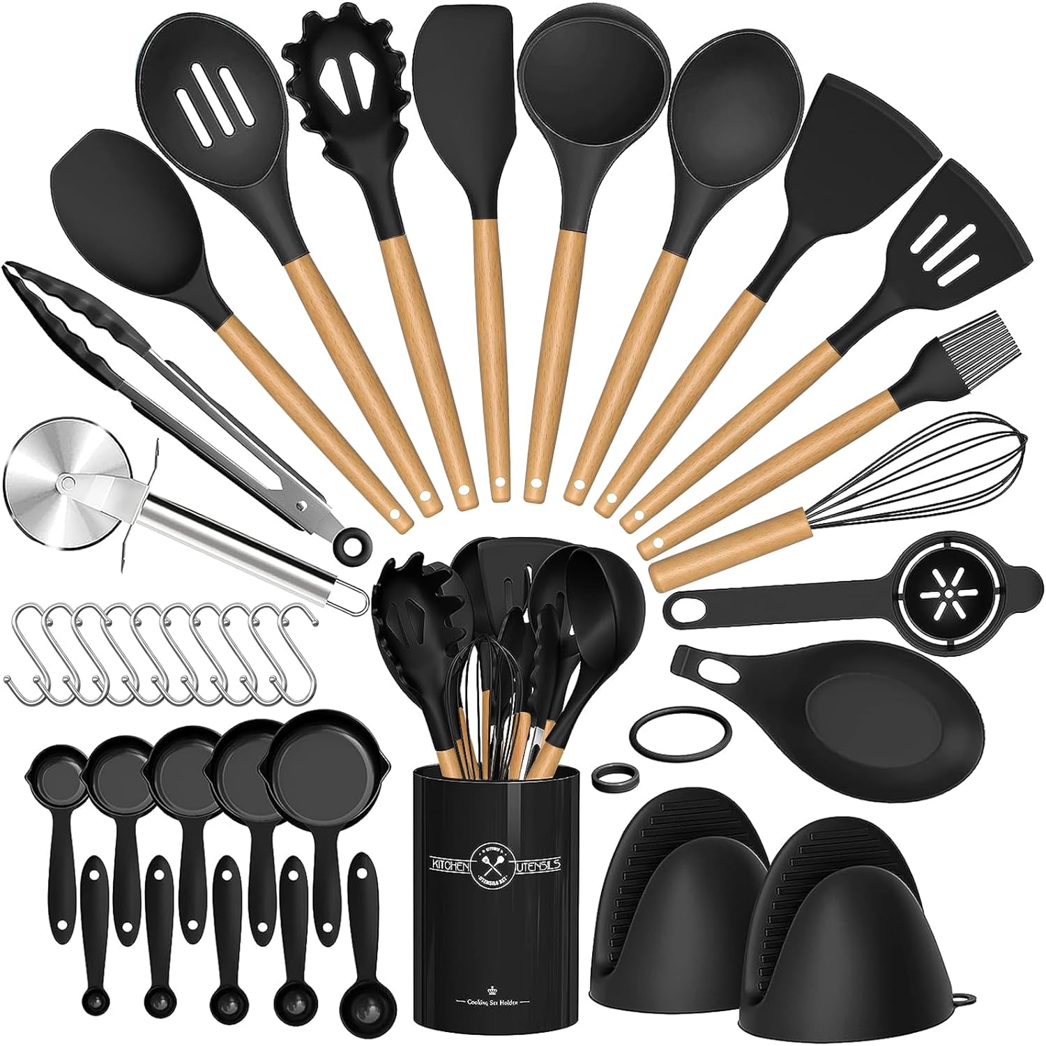 Umite Chef 36pcs Silicone Kitchen Cooking Utensils with Holder, Heat Resistant Cooking Utensils Sets Wooden Handle, Nonstick Kitchen Gadgets Tools Include Spatula Spoons Turner Pizza Cutter(Black)