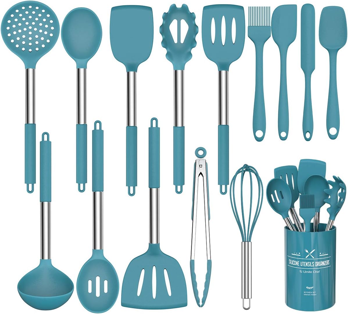 15 Pcs Silicone Cooking Utensils Kitchen Utensil Set - Umite Chef 446F Heat Resistant Stainless Steel Handles Kitchen Gadgets Tools Set for Nonstick Cookware(Blue)