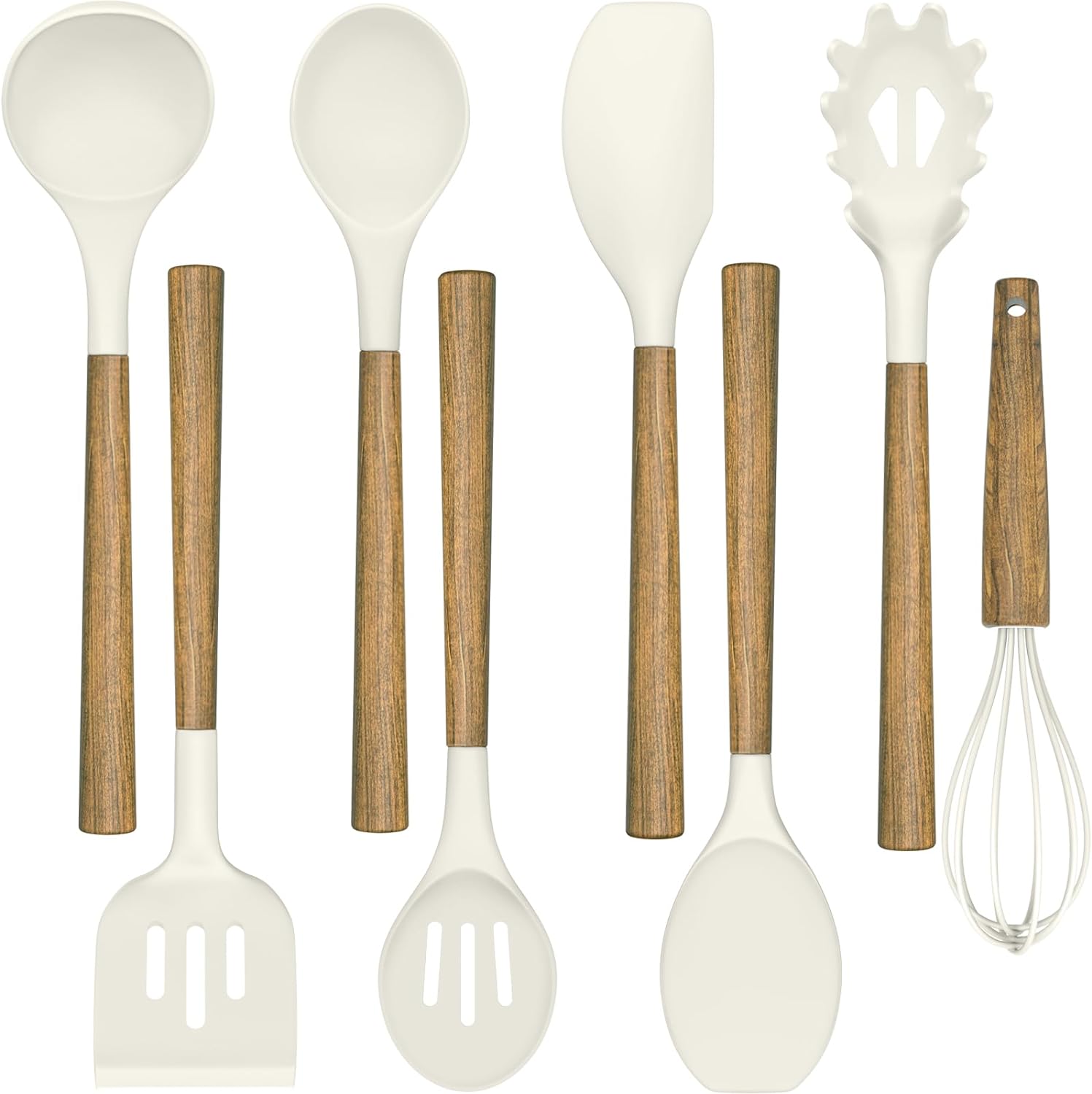 Non-Stick Silicone Kitchen Utensils Set with Natural Acacia Hard Wood Handle, Umite Chef 8 Pieces Kitchen Spatulas set, White, BPA Free, Baking, Serving and Cooking Utensils