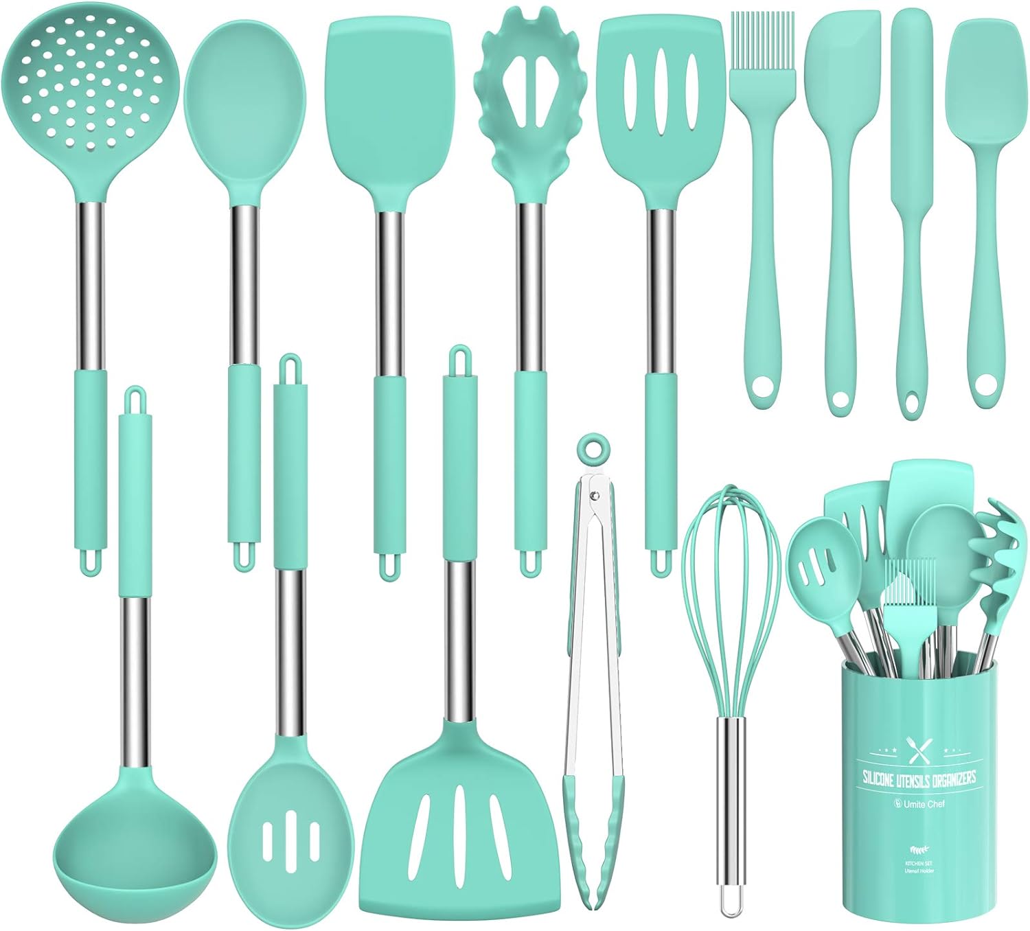 Silicone Cooking Utensil Set, Umite Chef 15pcs Silicone Cooking Kitchen Utensils Set, Non-stick - Best Kitchen Cookware with Stainless Steel Handle - Green