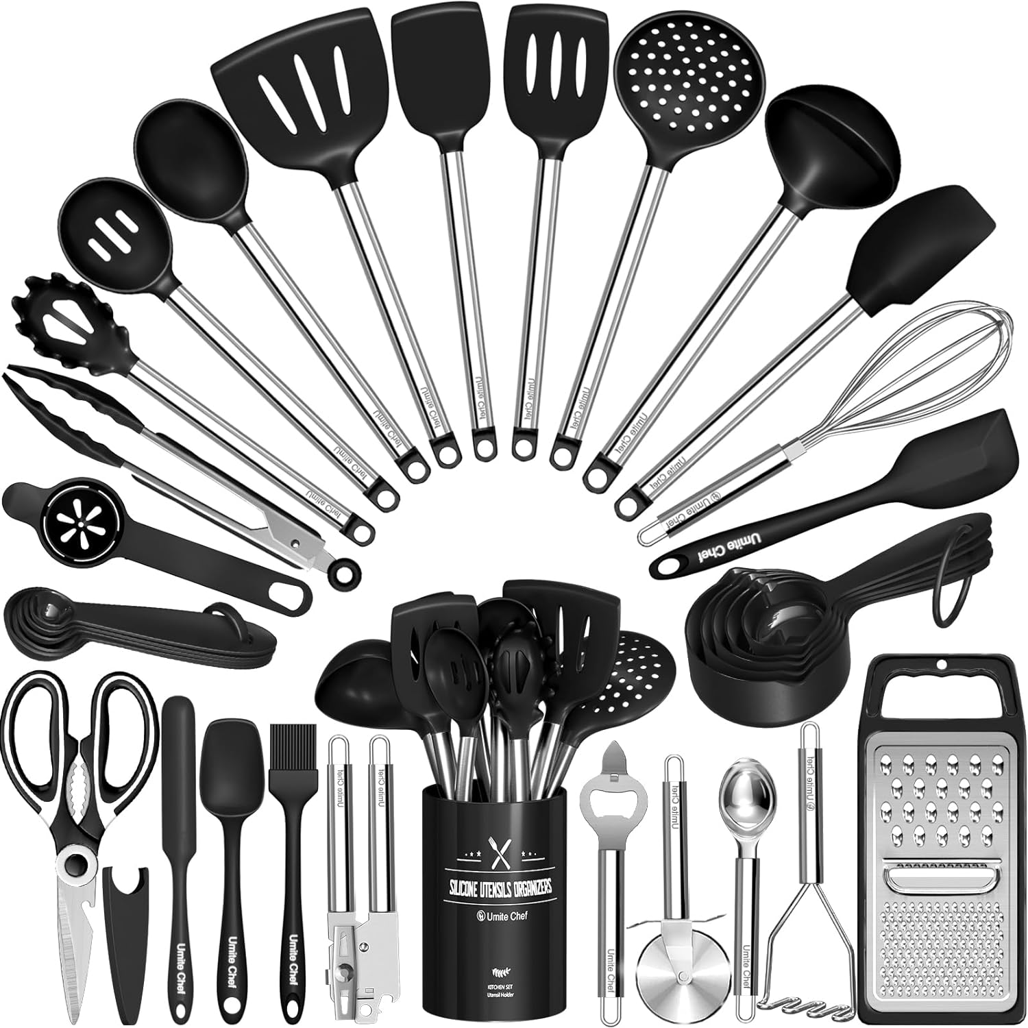 Kitchen Utensils Set-Umite Chef 34 Pcs Silicone Cooking Utensils Set for Nonstick Cookware-Silicone Spatulas Set, Stainless Steel Handle-Black Kitchen Gadgets Tools, Pots and Pans Accessories