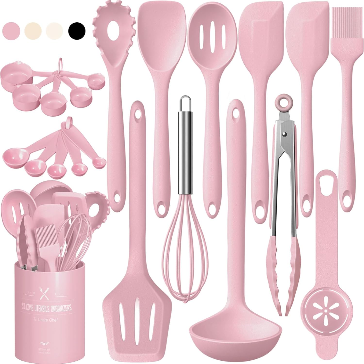 Umite Chef 22Pcs Silicone Cooking Utensils Set, Heat Resistant Silicone Kitchen Spatulas Set with Holder, Cooking Gadgets Tools Set for Nonstick Cookware, Dishwasher Safe(Pink)