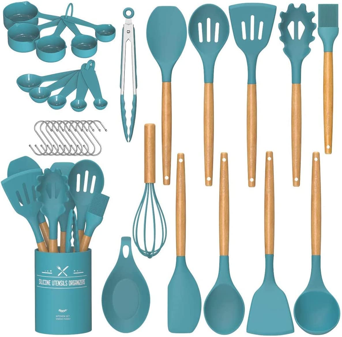 Umite Chef Kitchen Cooking Utensils Set, 33 pcs Non-stick Silicone Gadgets Cooking Kitchen Utensils Spatula Set with Holder(Dark Blue)