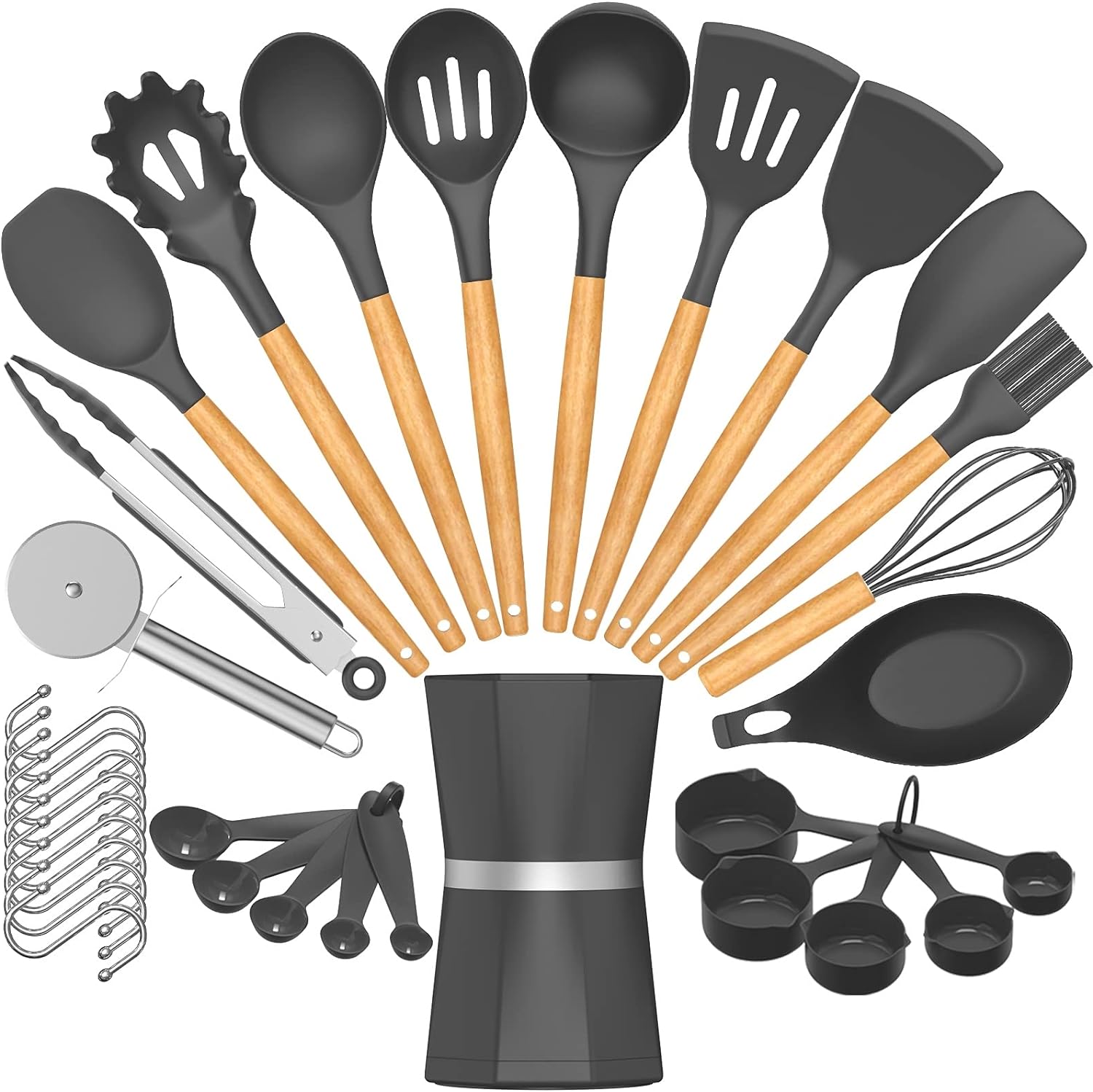 Silicone Cooking Kitchen Utensil Set, Umite Chef 34pcs Heat Resistant Kitchen Utensils with Holder, Kitchen Spatula Set with Wooden Handle, Kitchen Gadget Tools for Nonstick cookware-Grey(BPA Free)