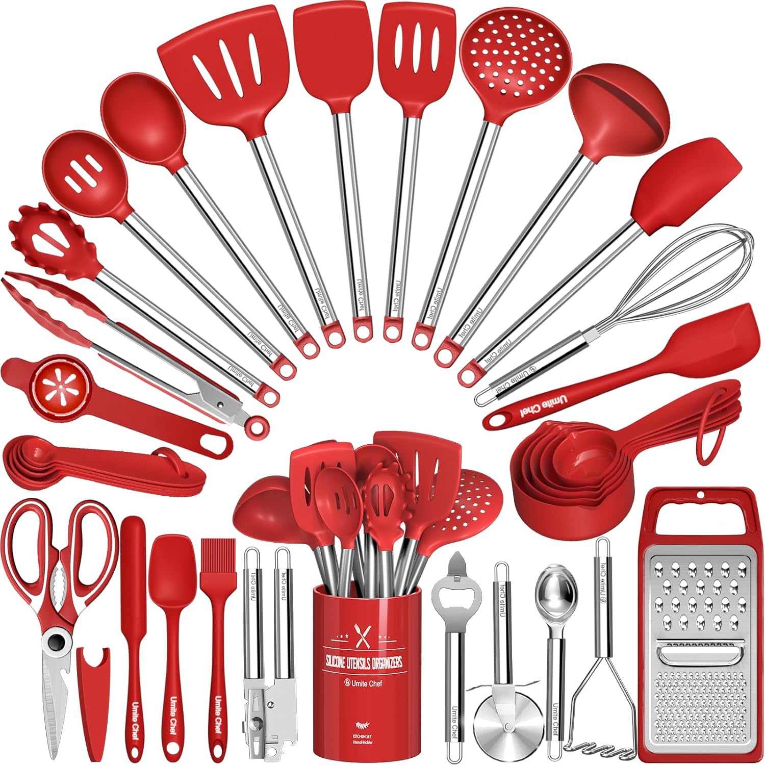 Kitchen Utensils Set- Umite Chef 34 PCs Cooking Utensils with Grater, Spoon Spatula, Heat Resistant Food Grade Silicone, Stainless Steel Handles Kitchen Gadgets Tools Set for Nonstick Cookware(Red)