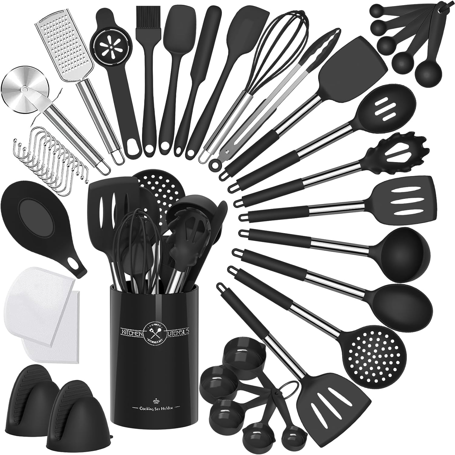 Silicone Kitchen Cooking Utensils Set-Umite Chef 43 pcs Heat Resistant Kitchen Utensils, Black Kitchen Gadgets Tools Set with Stainless Steel Handles for Non-Stick Cookware