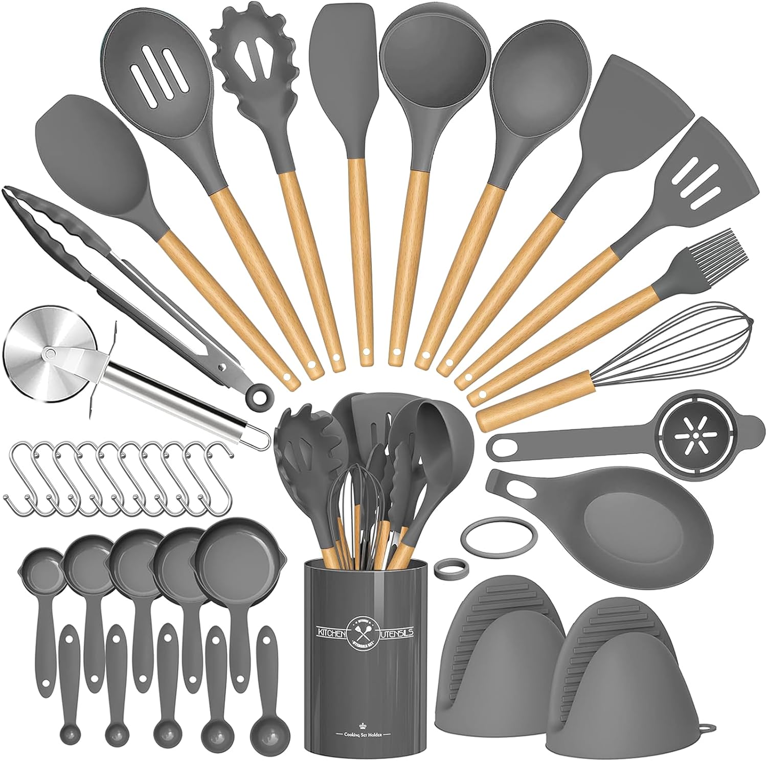 Umite Chef 36pcs Silicone Kitchen Cooking Utensils with Holder, Heat Resistant Cooking Utensils Sets Wooden Handle, Nonstick Kitchen Gadgets Tools Include Spatula Spoons Turner Pizza Cutter(Grey)