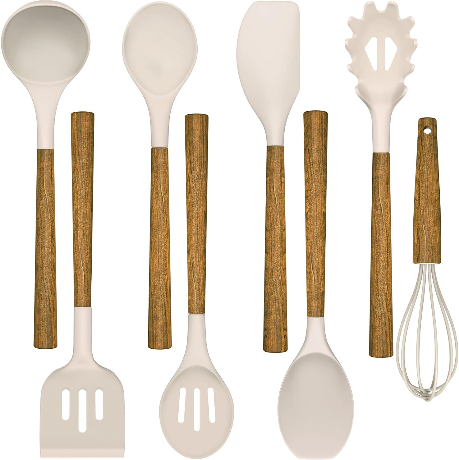 Silicone Cooking Utensil Set,Umite Chef 8-Piece Kitchen Utensils Set with Natural Acacia Wooden Handles, Silicone Heads-Silicone Kitchen Gadgets and Spatula Set for Nonstick Cookware - Khaki