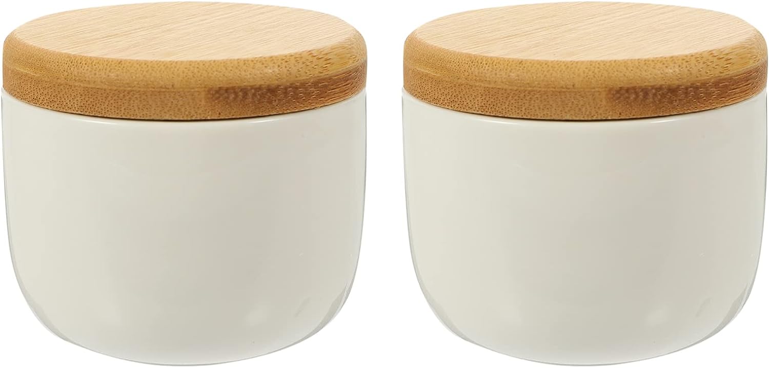 Zerodeko Kitchen 2 Pcs Ceramic Food Jar with Bamboo Lids Ceramic Coffee Canister Airtight Storage Jar Coffee Sugar Tea Storage Containers for Kitcehn Coffee Tea Seasoning White 150ml Kitchen Decor