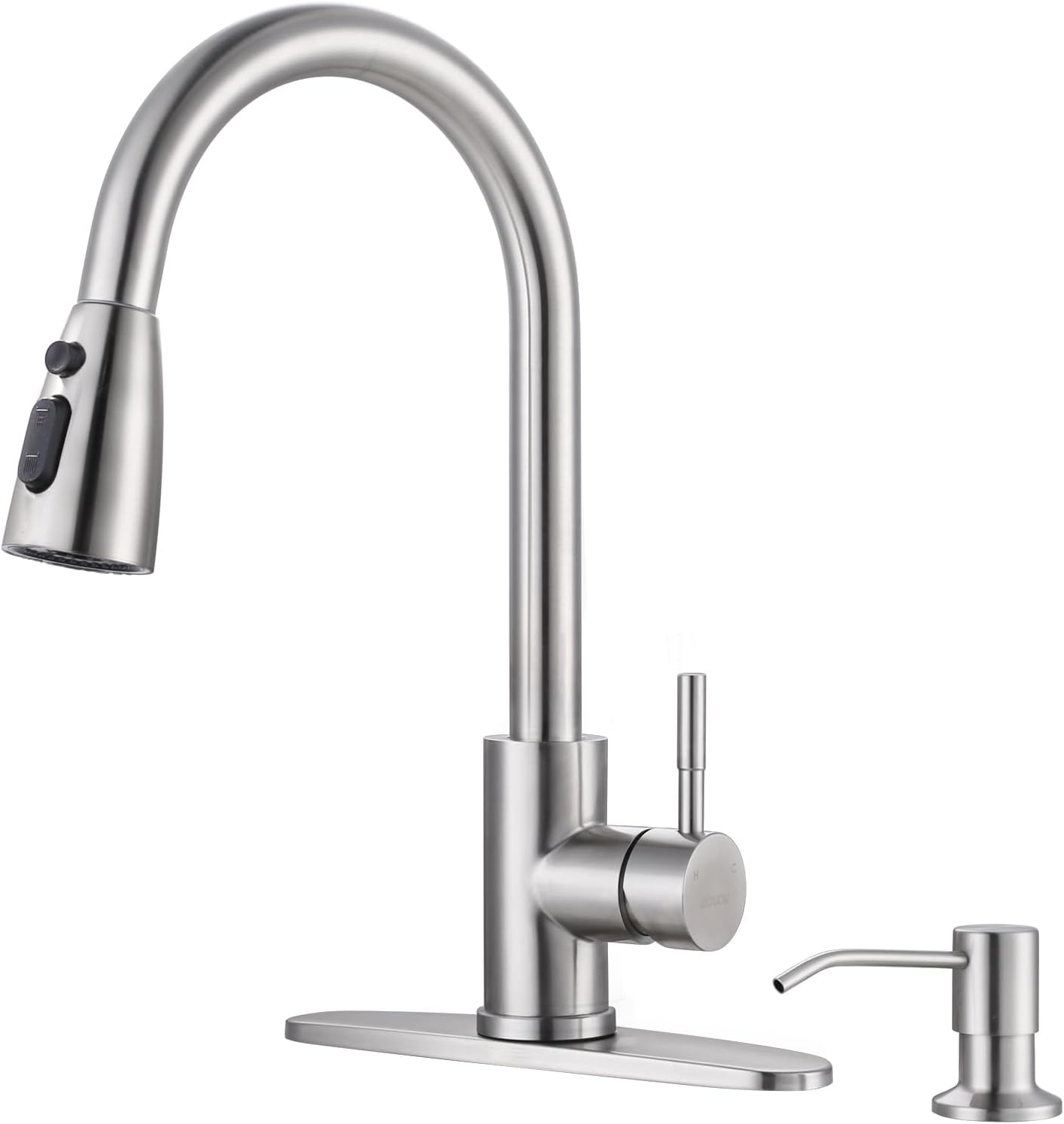 WOWOW Kitchen Sink Faucet with Soap Dispenser, Stainless Steel Pull Down Kitchen Faucet Brushed Nickel Utility Sink Faucet Single Handle High Arc Kitchen Tap for Sink, RV, Laundry, Bar