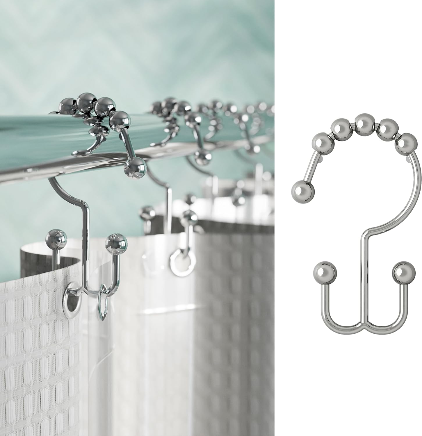 Maytex Shower Curtain Hooks, Shower Curtain Rings, Rust-Resistant Decorative Double Roller Glide Shower Hooks, Shower Rings for Bathroom Shower Rods, Curtains, Liners, Set of 12, Chrome