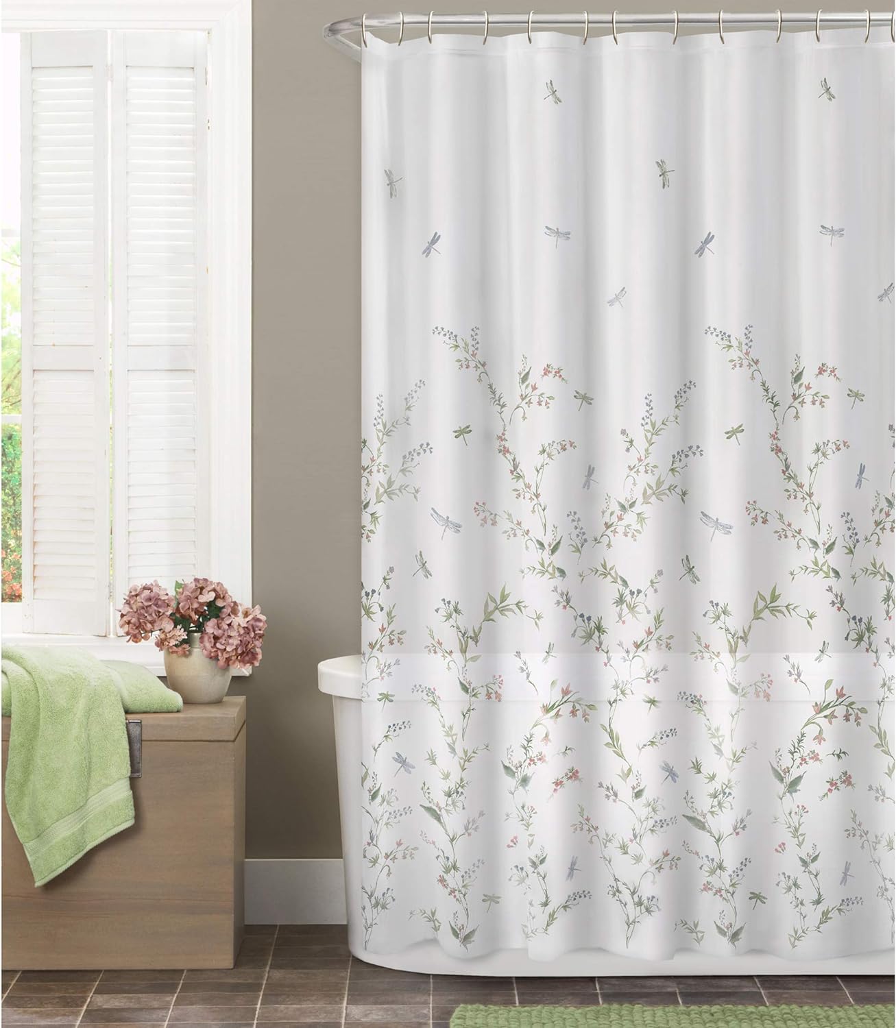 Maytex Dragonfly Garden Semi Sheer Fabric Shower Curtain, 70 x 72 Inches, Multi