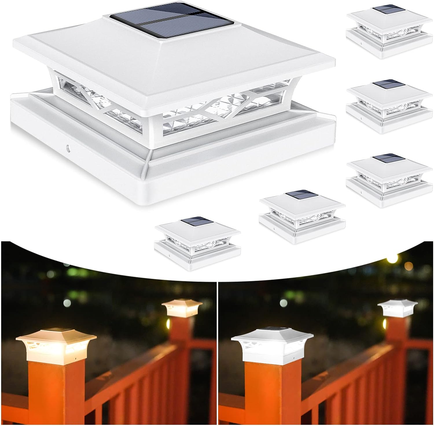 VOLISUN Solar Post Cap Lights,6Pack Outdoor Fence Post Cap Lights, White/Black Solar Powered Deck Lights for Dock Waterproof 2 Color Modes,4x4/6x6 Wooden/Vinyl Posts