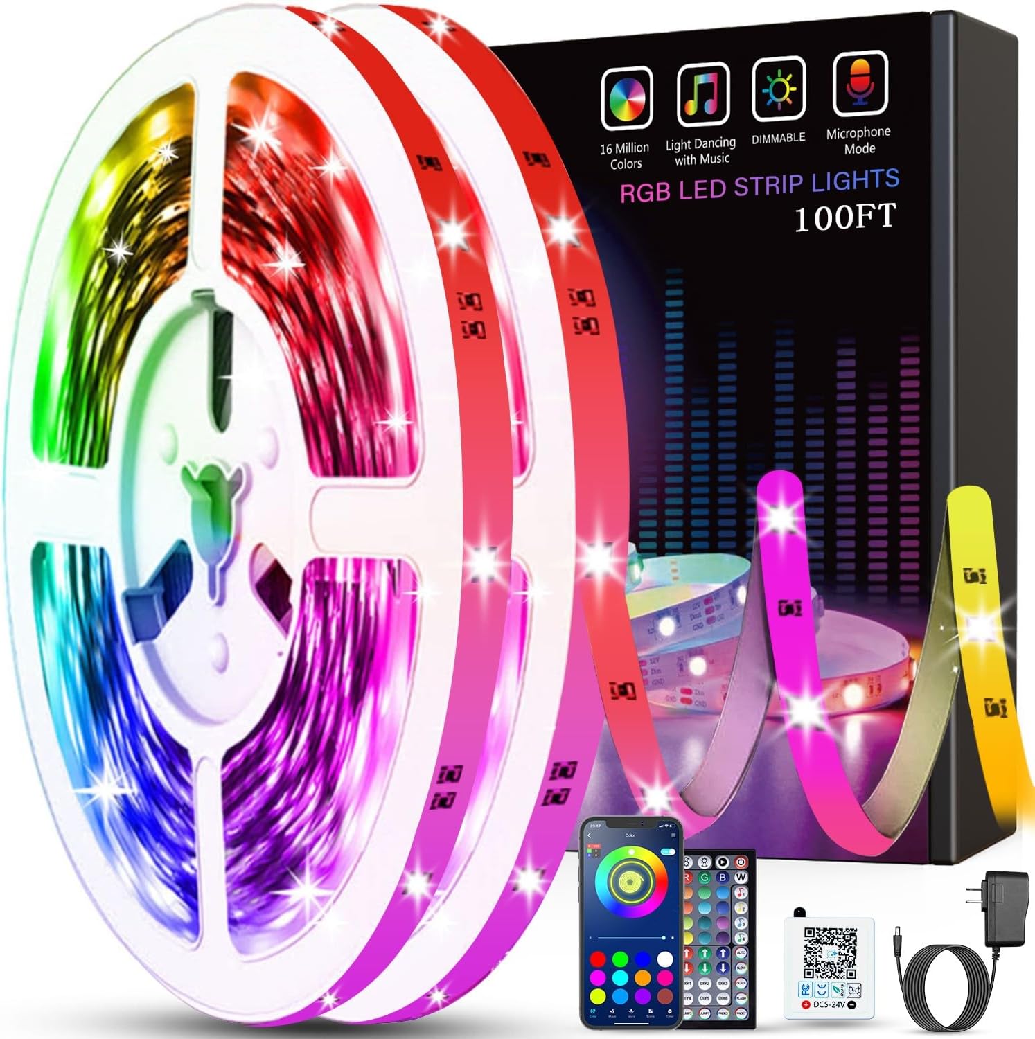 Led Lights for Bedroom 100ft (2 Rolls of 50ft) Music Sync Color Changing Strip Lights with Remote and App Control RGB Strip, for Room Home Party Decoration