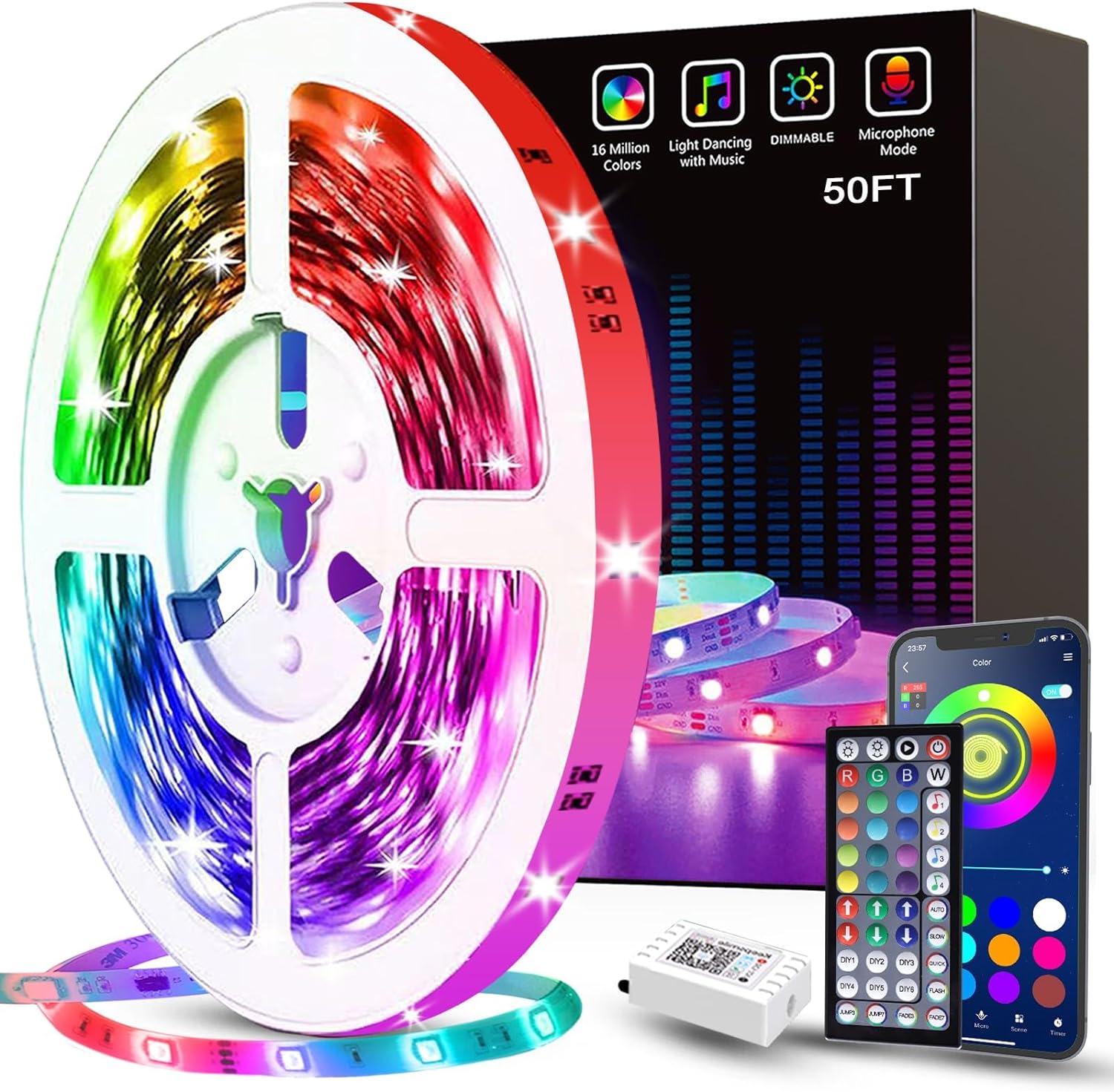 50ft Led Strip Lights, Tenmiro Smart Led Lights Strip Music Sync Color Changing Lights App Control and 23keys Remote, Led Lights for Bedroom Party Home Decoration