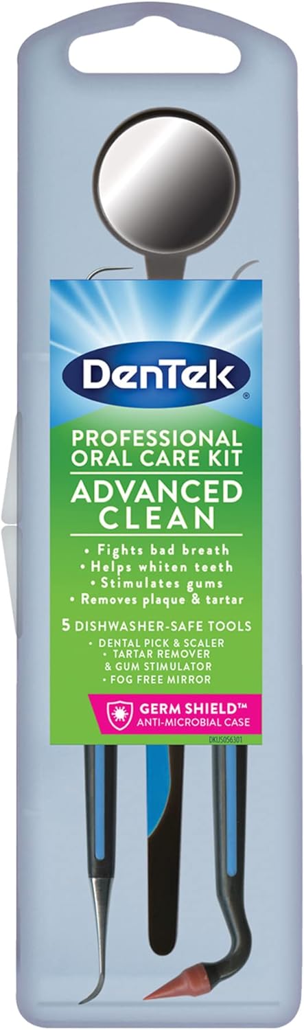 DenTek Professional Oral Care Kit, Advanced Clean- Portable, Multiple Tips, Dental Pick, Scaler, Stimulator, and Dental Mirror, White