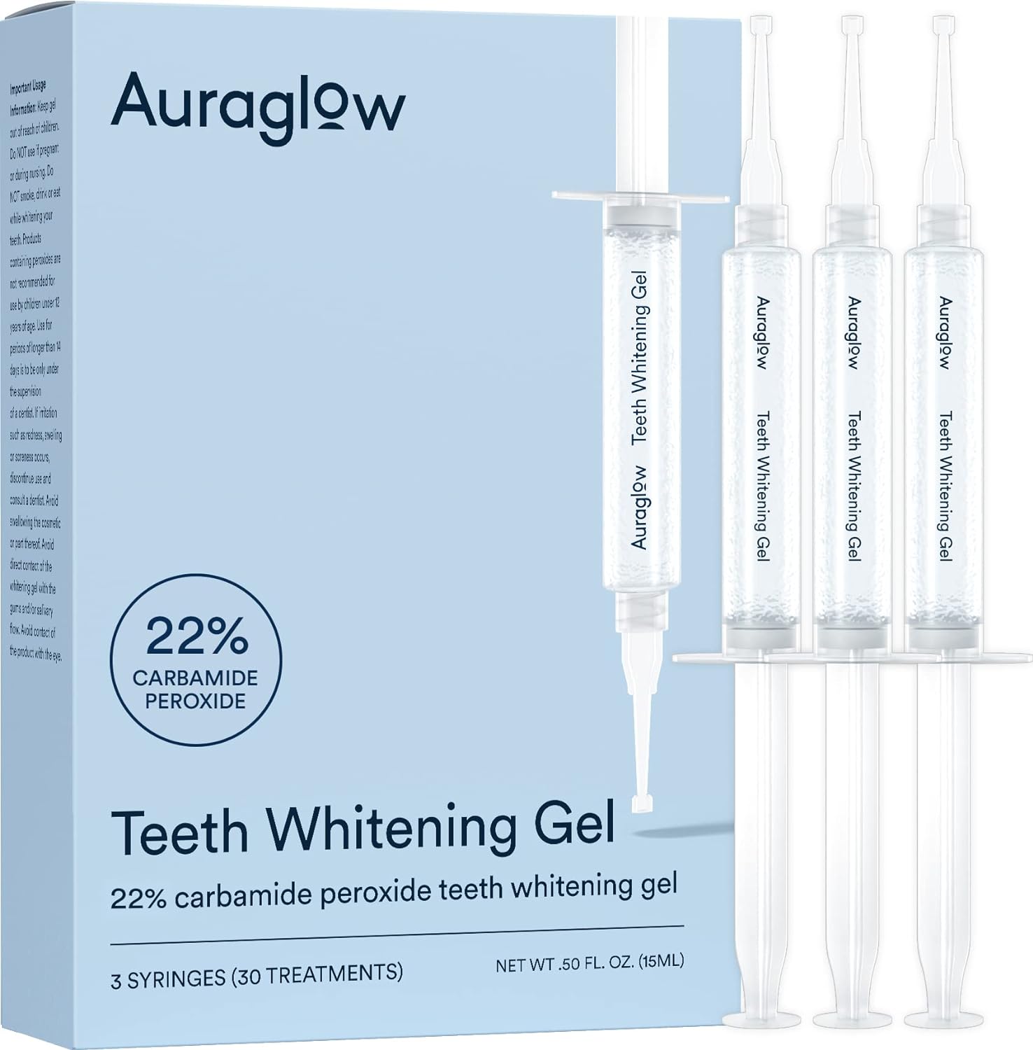 Auraglow 22% Teeth Whitening Gel Syringe Refill Pack, 22% Carbamide Peroxide, 30 Whitening Treatments, (3) 5mL Whitening Gel Syringes, Sensitive Teeth Whitening