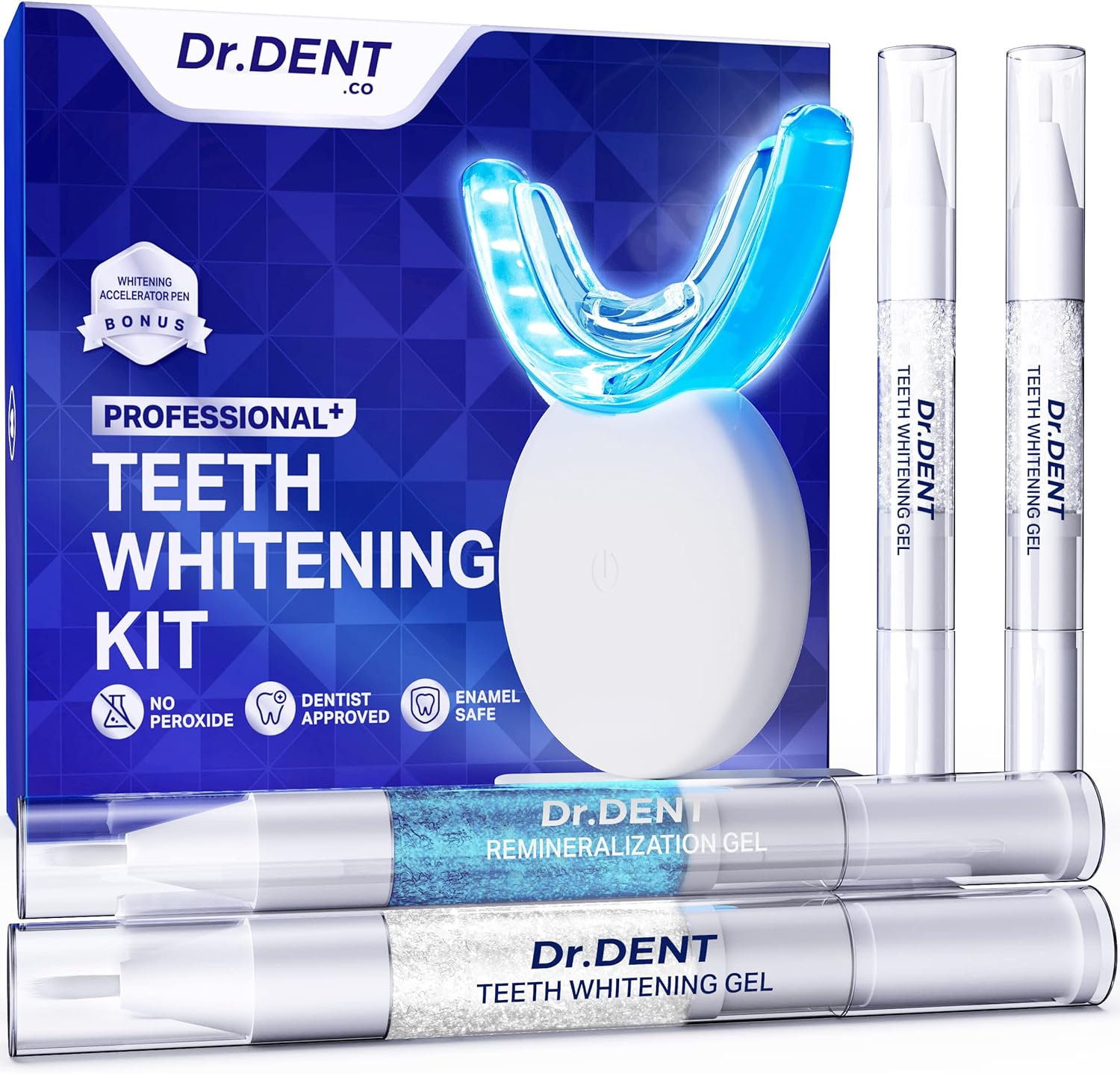 DrDent Professional LED Teeth Whitening Kit - Carbamide Peroxde Sensitivity Free Formula - (3) Teeth Whitening Gel Pens 30+ Whitening Sessions - (1) Remineralization Gel - Rapid & Effective Results