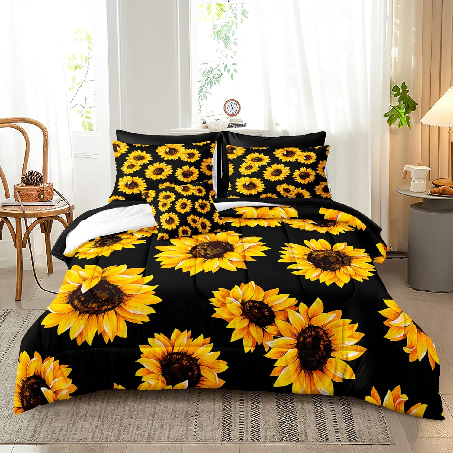 Black Sunflower Comforter Set Full Size 8 Pieces Bed in a Bag Yellow Flower Design Bedding with 1 Comforter, 4 Pillowcase, 1 Flat Sheet, 1 Fitted Sheet, 1 Cushion Cover (Full, Black Sunflower)