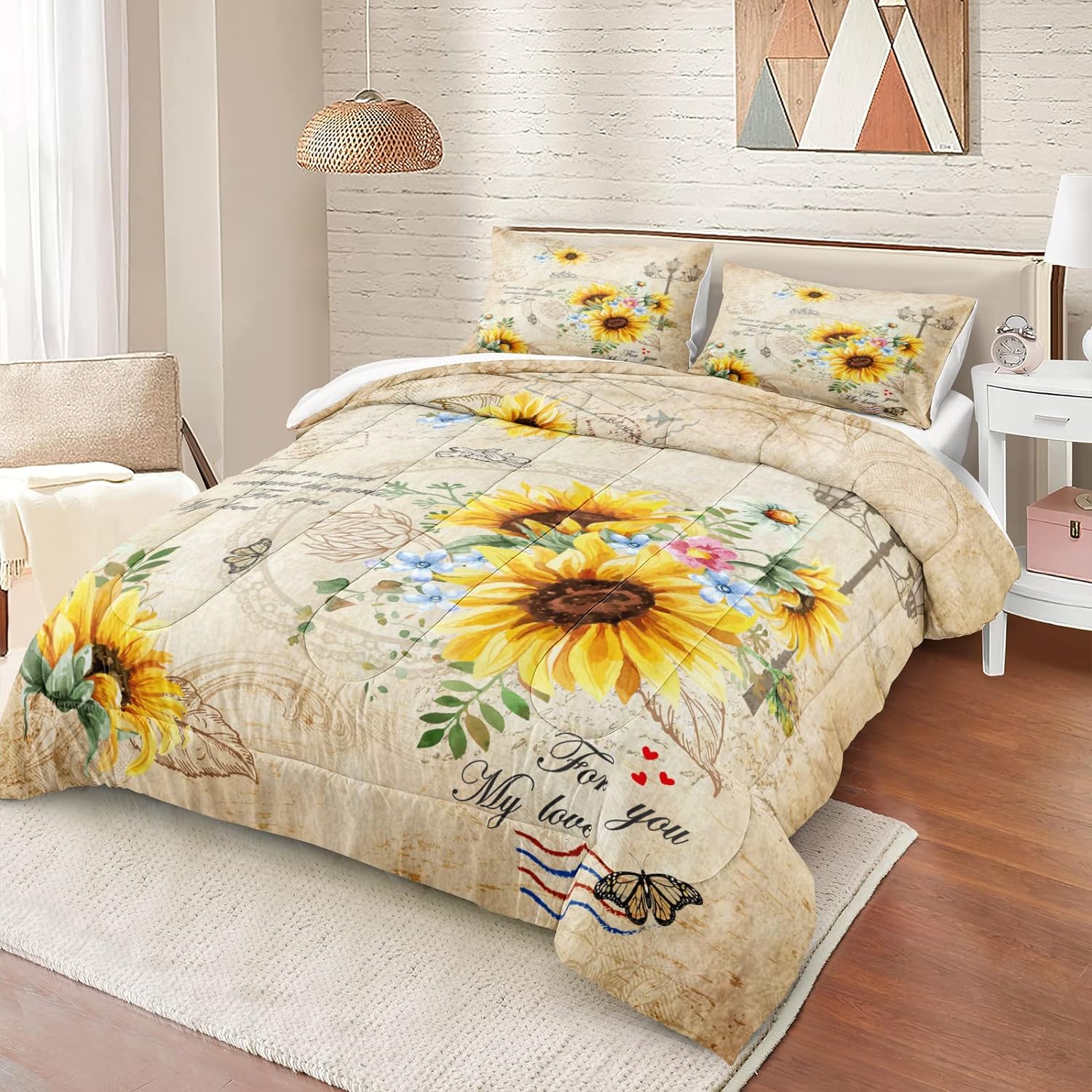 Move Over Sunflower Comforter Queen 4 Pieces Yellow Flower Comforter Bedding Set Vintage Sunflower Pattern Soft Microfiber Filling Pastoral Comforter Set (Queen, Sunflower)