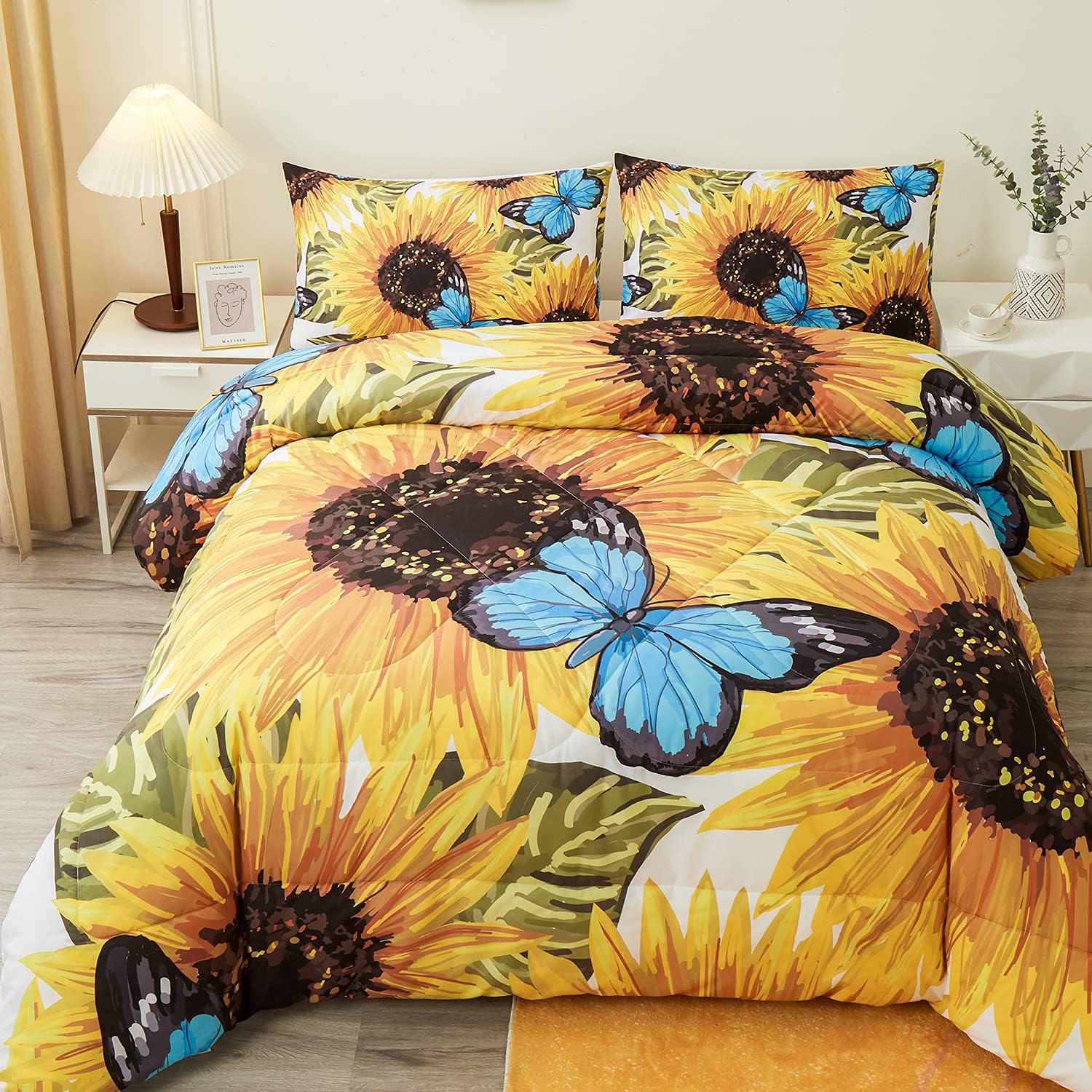 Sunflower Comforter Sets,Beautiful Seamless Pattern with Sunflower Blue Butterflies on White Background,Decorative Bedding Comforter Sets with 2 Pillow Shams, Twin Size