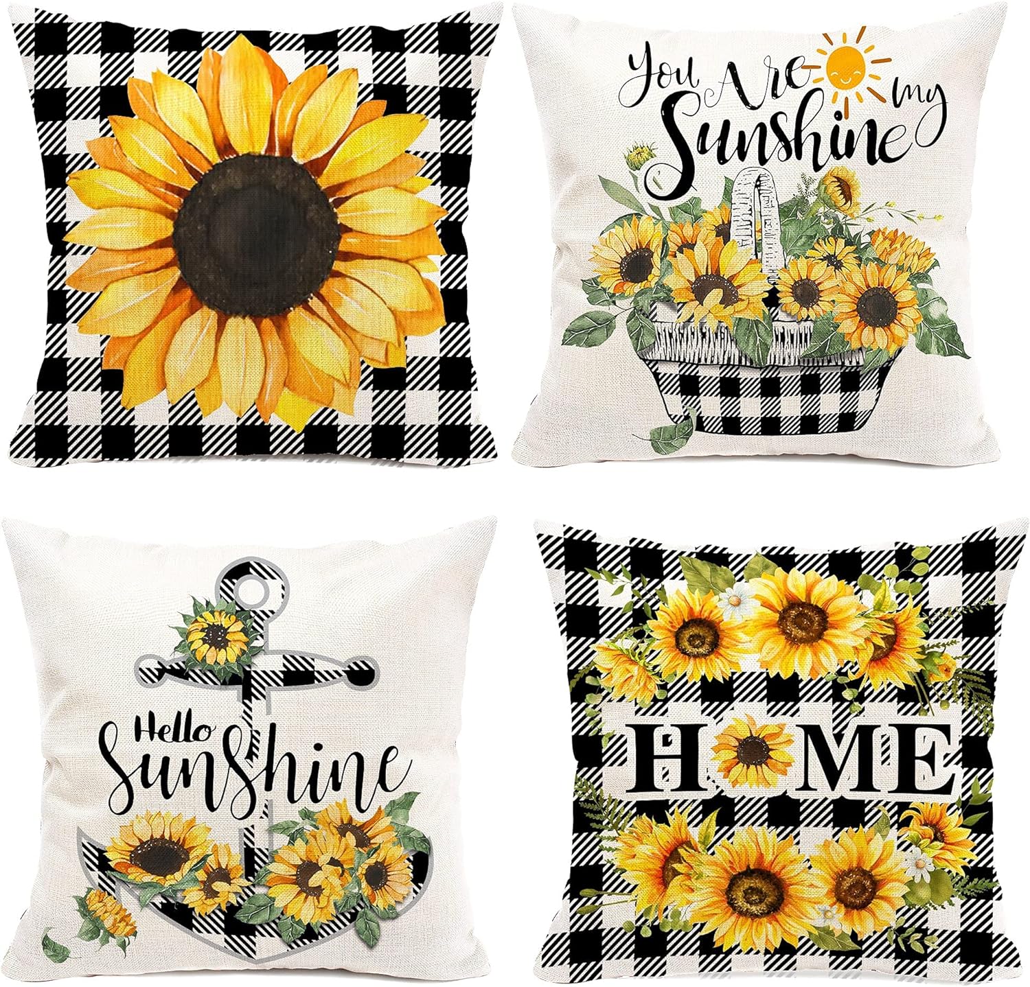 pinata Decorative Sunflower Pillow Cover, Yellow Black Buffalo Plaid Throw Pillow Cover 18x18 Set of 4 Farmhouse Sunflower Decor for Home Outdoor Sofa Couch, Fall Flower Pillow case (no Insert)