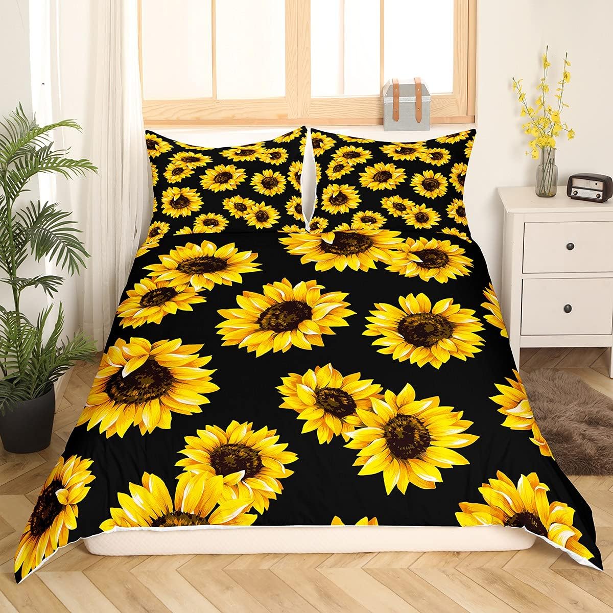 3D floral Comforter Cover King Size for Kids Women Yellow Flowers Bedding Set Sunflower Pattern Decor Duvet Cover Botanical Floral Print on Black Quilt Cover Garden Bloom Bedding with pillowcase