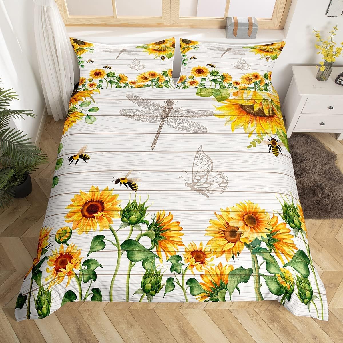 Sunflower Comforter Cover Yellow Flowers and Bee Bedding Set Butterfly Dragonfly Duvet Cover for Kids Boys Girls Botanical Branches Nature Theme Bedspread Cover Room Decor Bedclothes Twin Size