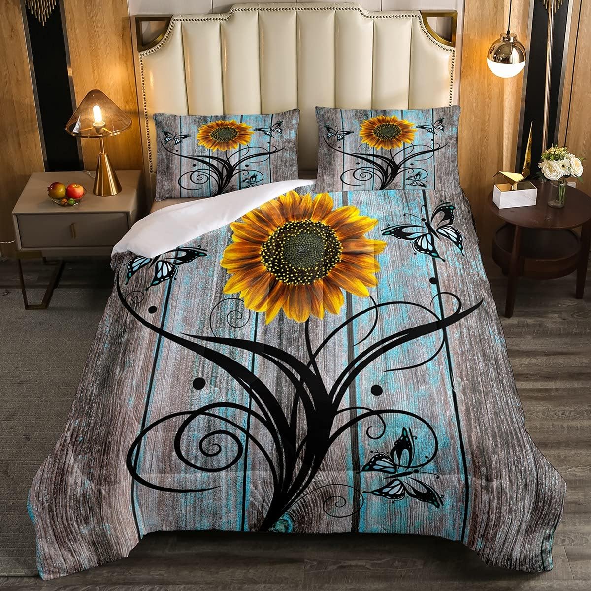 Yellow Sunflower Comforter Set King,Butterfly Bedding Set Rustic Farmhouse Wooden Board Down Comforter for Kids Girls Teens Women,Country Retro Floral Quilt Duvet Sets 2 Pillow Cases Blue Grey