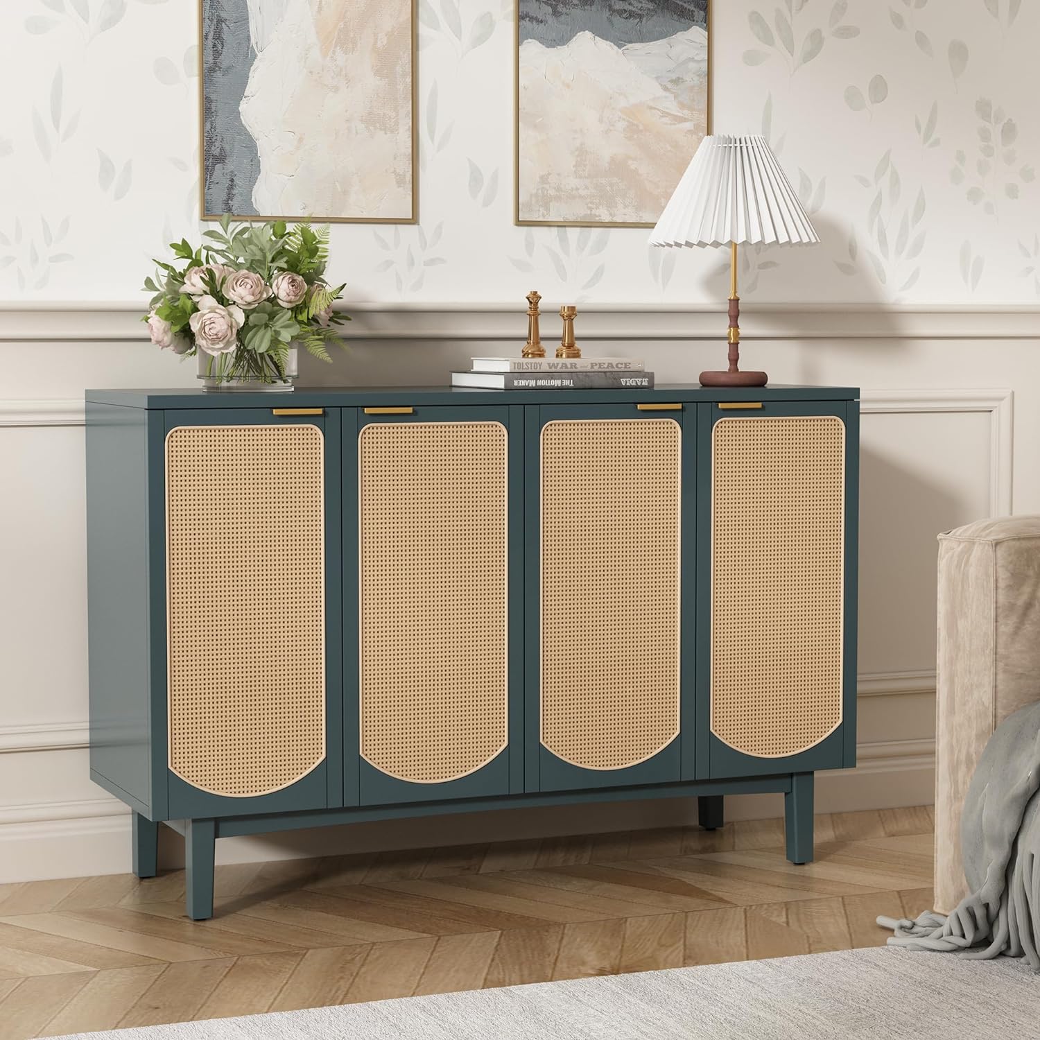 ARTPOWER Sideboard Buffet Cabinet with 4 Rattan Doors, Accent Storage Cabinet with Shelves, Free Standing TV Console Table, Modern Teal Cabinet for Kitchen, Dining Room, Living Room, Bedroom, Hallway