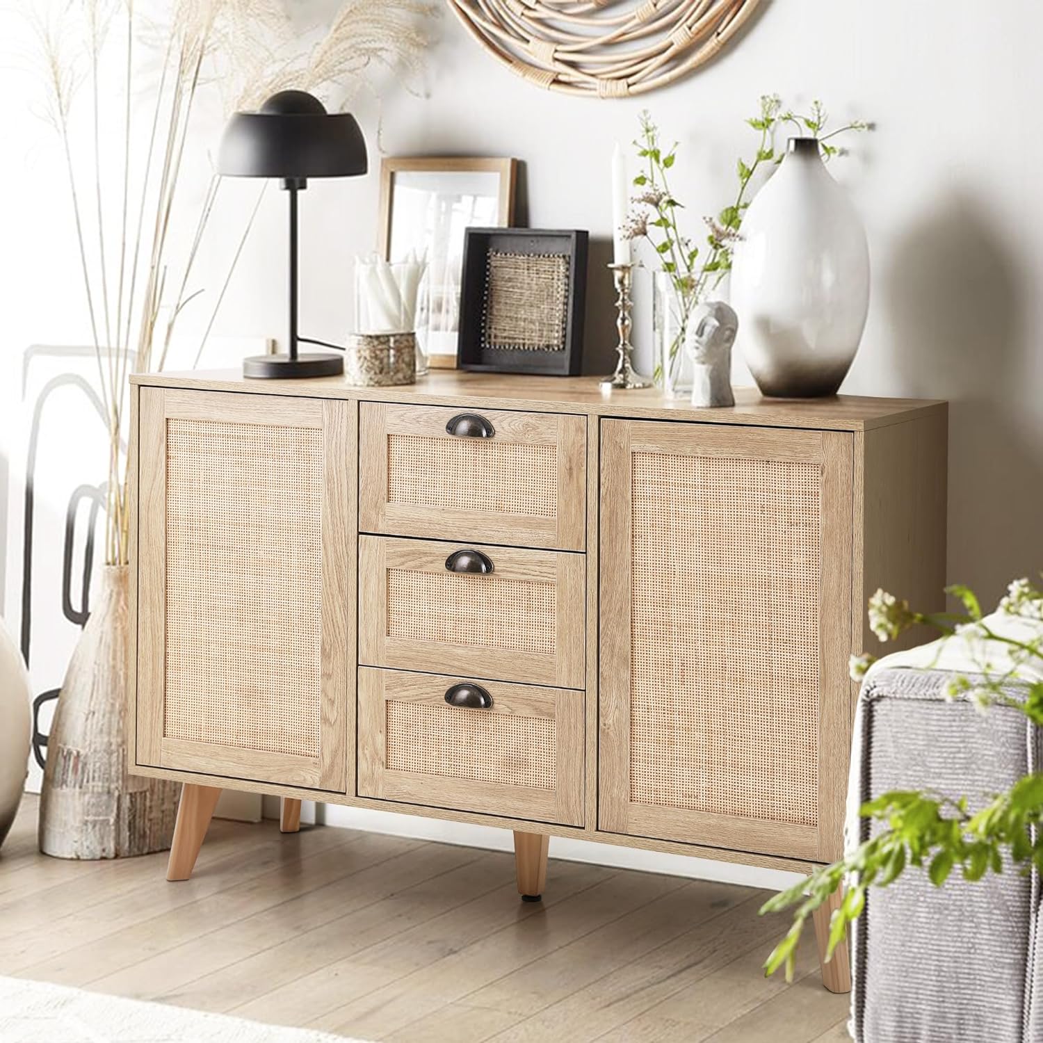 Sophia & William Rattan Sideboard Buffet Cabinet Storage Cabinet with Doors & Drawers for Dining Room Living Room