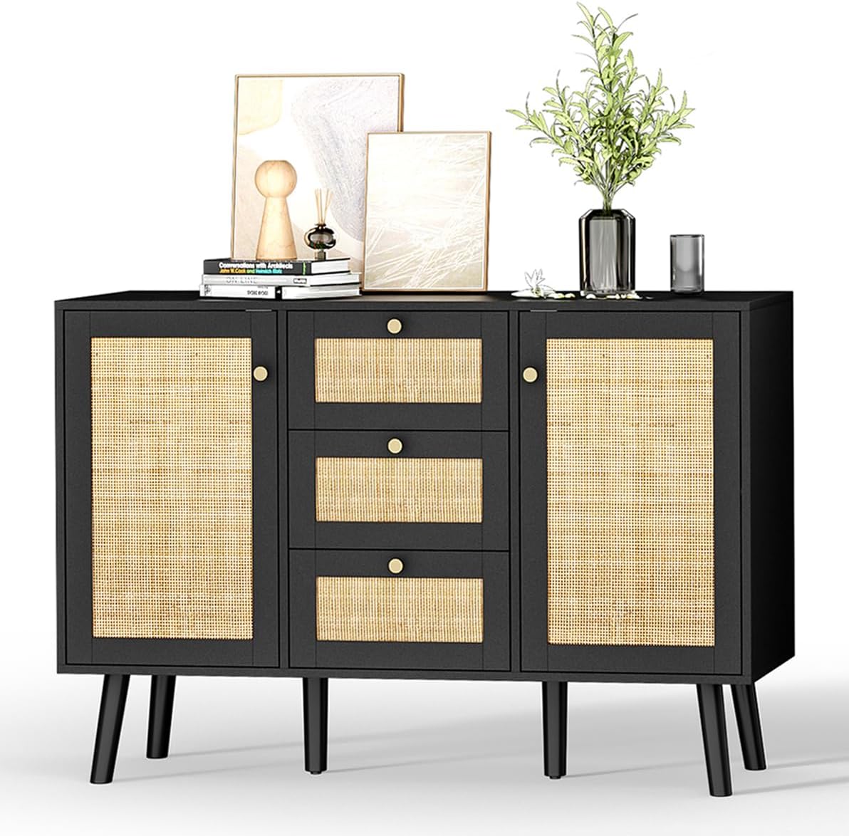 Giluta Black Storage Cabinet, Rattan Sideboard Cabinet, Kitchen Cabinet with Drawers and Shelves, Farmhouse Coffee Bar Pantry Cabinets with Storage for Dining Room, Living Room