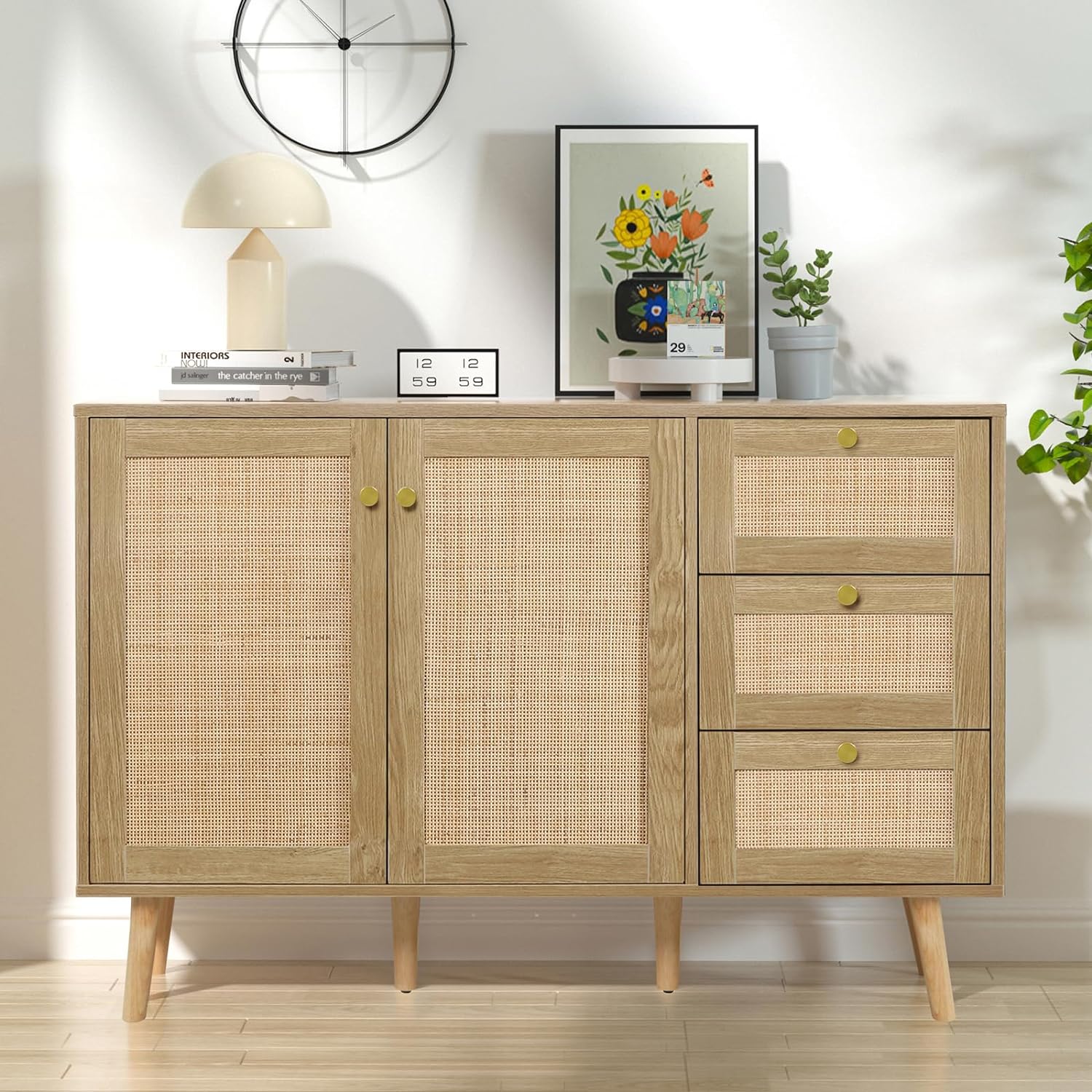 Anmytek Rattan Sideboard Buffet Cabinet with 2 Doors and 3 Drawers, Buffet Cabinet with Storage Wood Credenza Storage Cabinet for Living Room Dining Room Hallway Kitchen, Natural Oak H0088