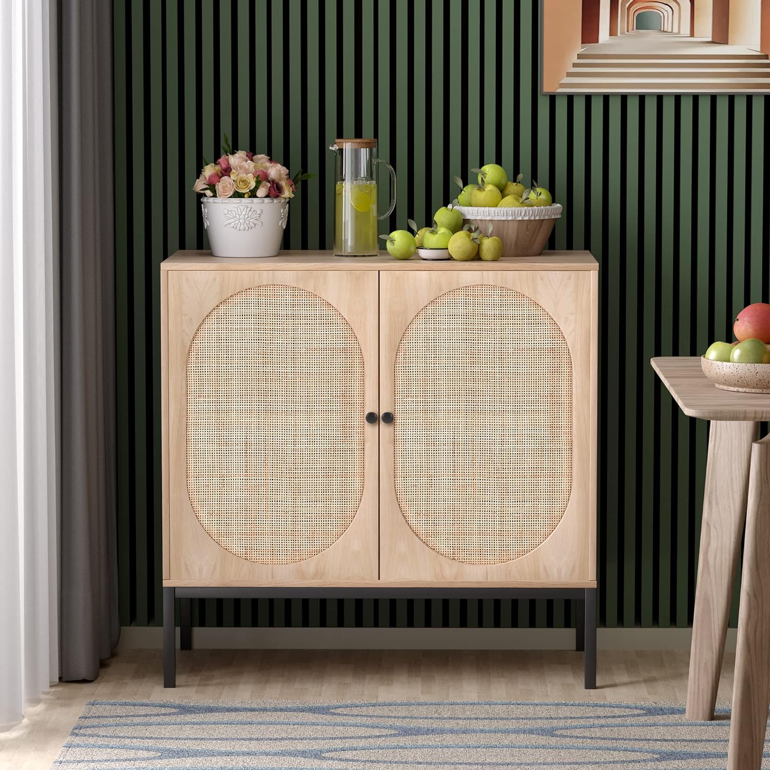 Sideboard Storage Cabinet with Handmade Natural Rattan Doors, Accent Cabinet Rattan Cabinet Buffet Cabinet with Storage, for Living Room, Dining Room, Entryway, Kitchen, Nature