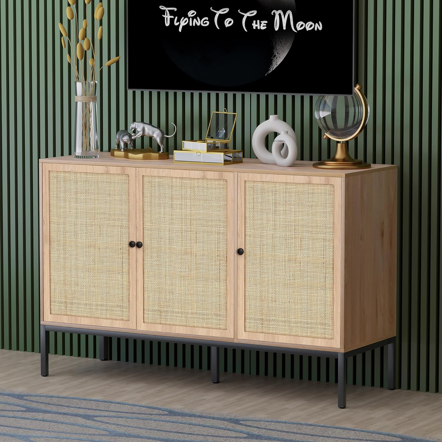 Buffet Cabinet with Natural Rattan Decorated Doors, Sideboard Accent Console Table/Storage Cabinet for Living Room, Hallway Entryway Kitchen, 3 Doors