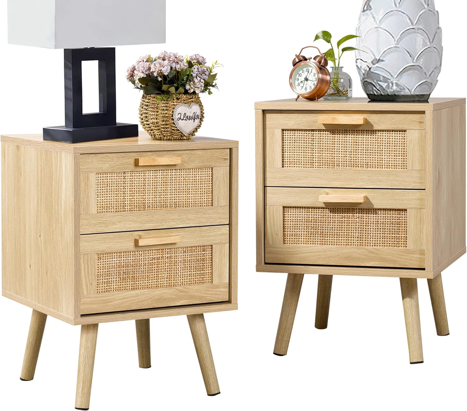 Finnhomy Nightstand, End Table, Side Table with 2 Hand Made Rattan Decorated Drawers, Nightstands Set of 2, Wood Accent Table with Storage for Bedroom, Natural, 2 Pack