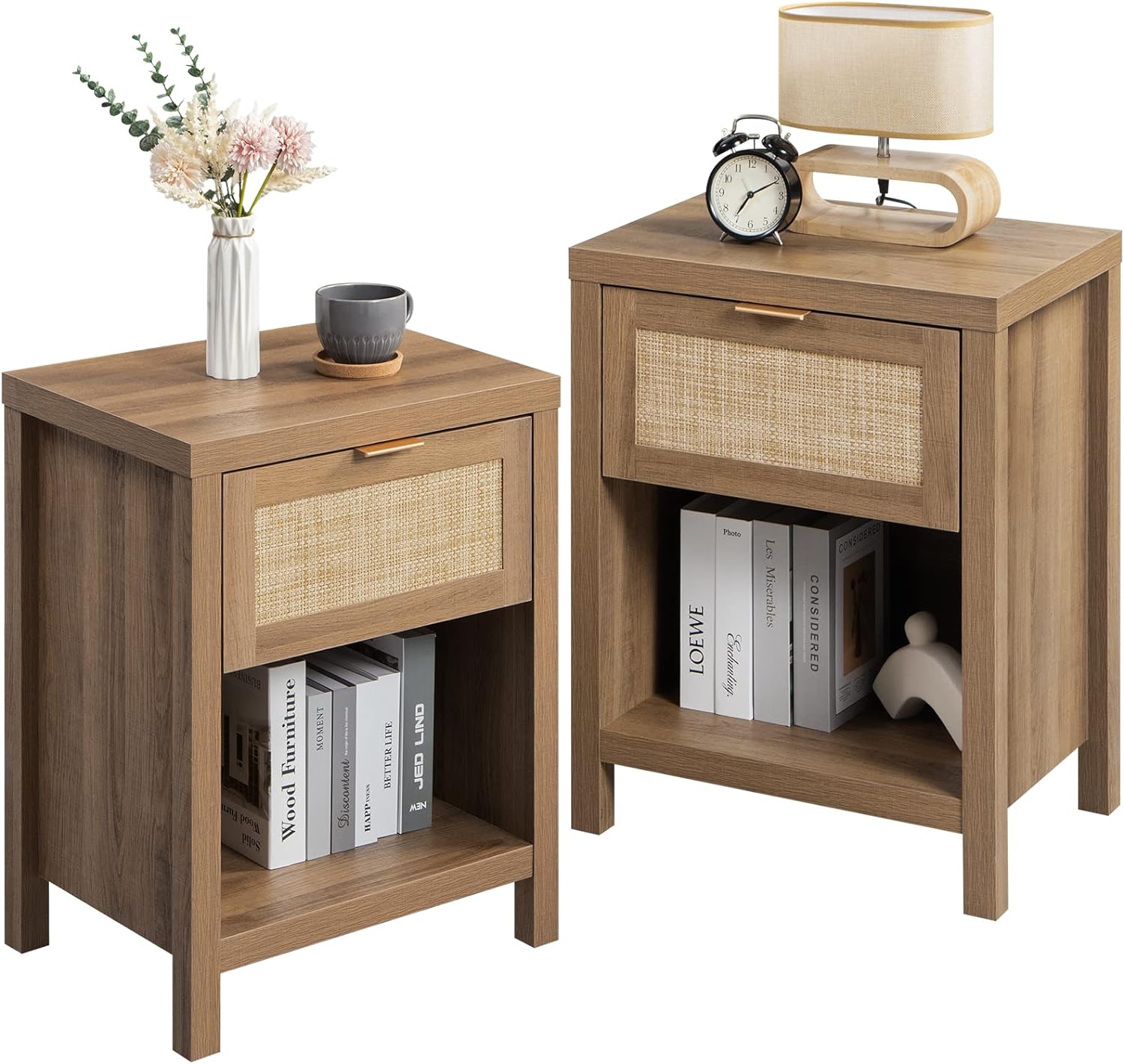 SICOTAS Rattan Nightstand Set of 2 - Farmhouse Night Stand with Drawer and Storage Shelf - Boho Bedside Table End Table Side Table Accent Table for Bedroom Living Room