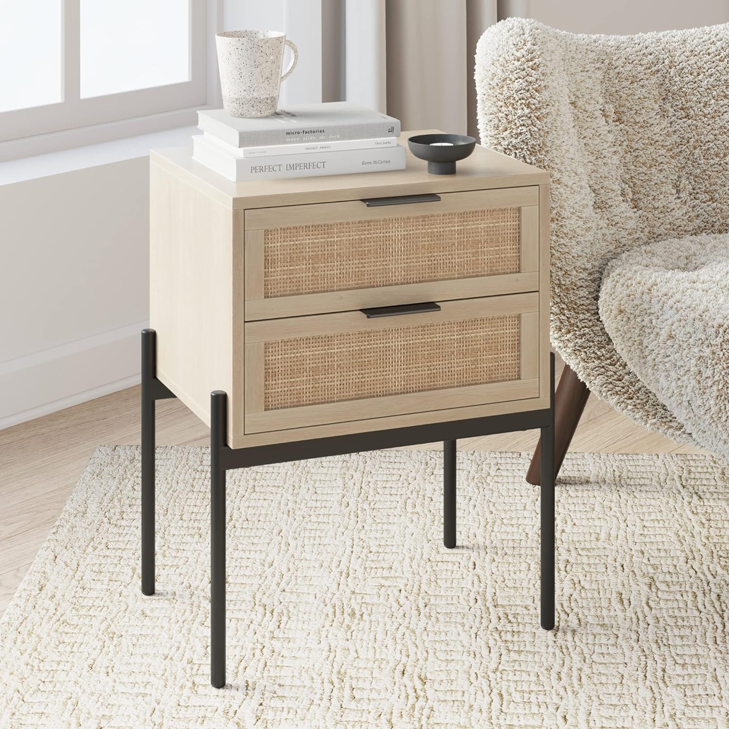 Nathan James Andrew Nightstand, Accent Bedside End Side Table with Storage Drawer, and Mid-Century Modern Legs for Living Room or Bedroom, 1, Oak/Cane/Gold